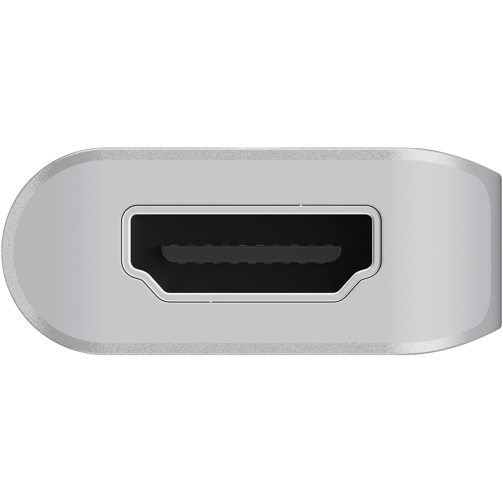 Silver grey USB-C hub with HDMI port opening on the front