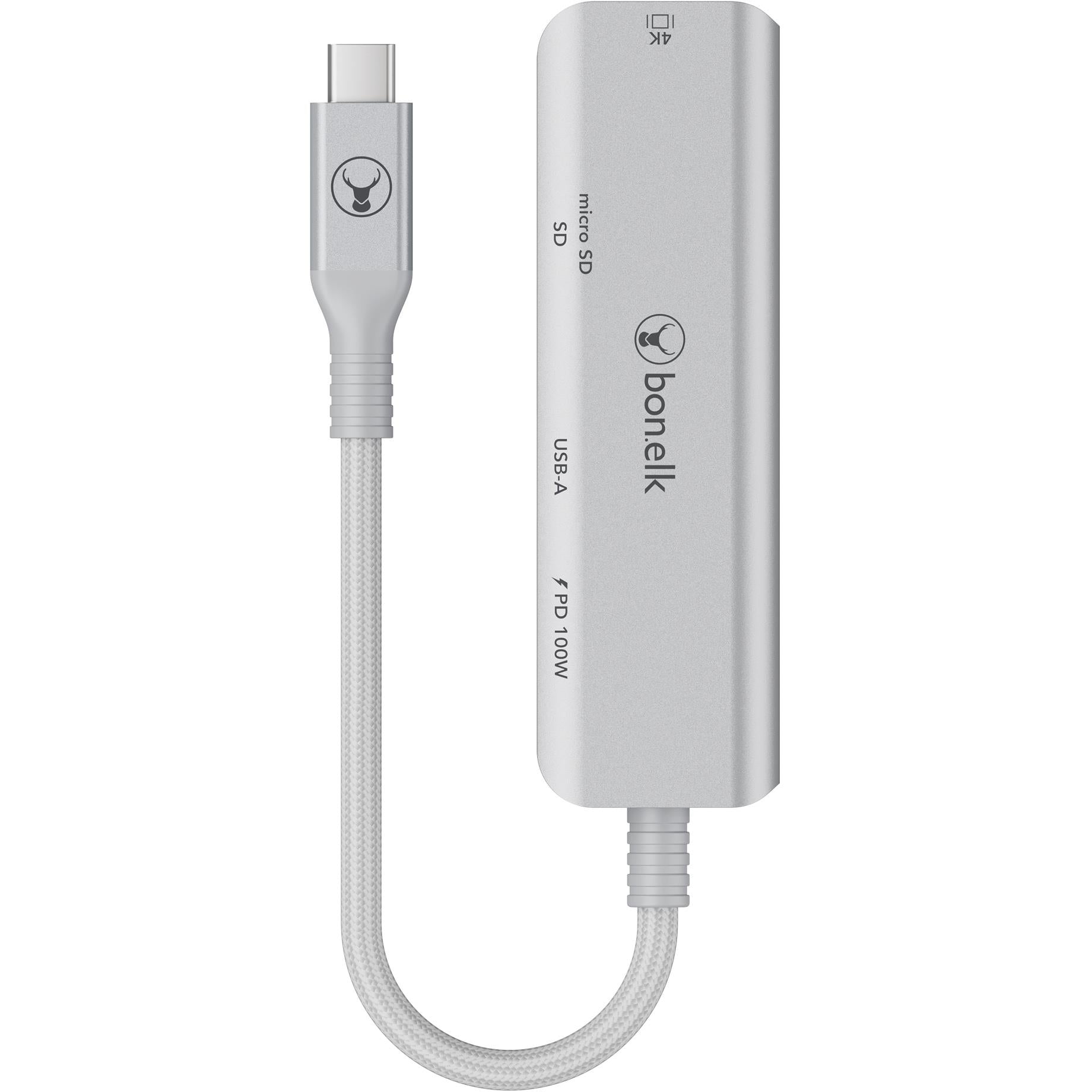 Silver grey USB-C hub with USB-C cable and labeled USB-A, SD, and PD 100W