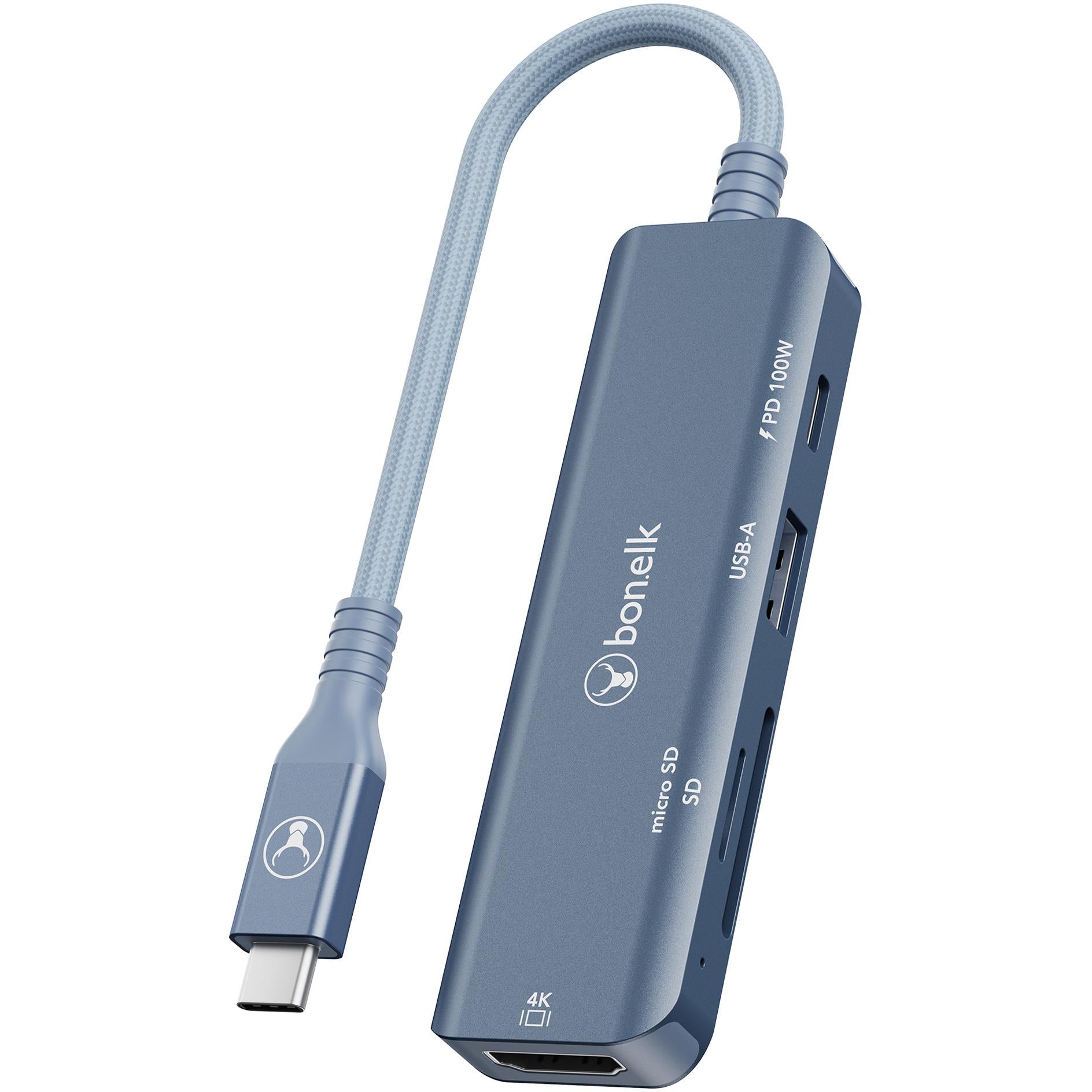Indigo blue USB-C 5-in-1 multiport hub with braided cable and PD 100W