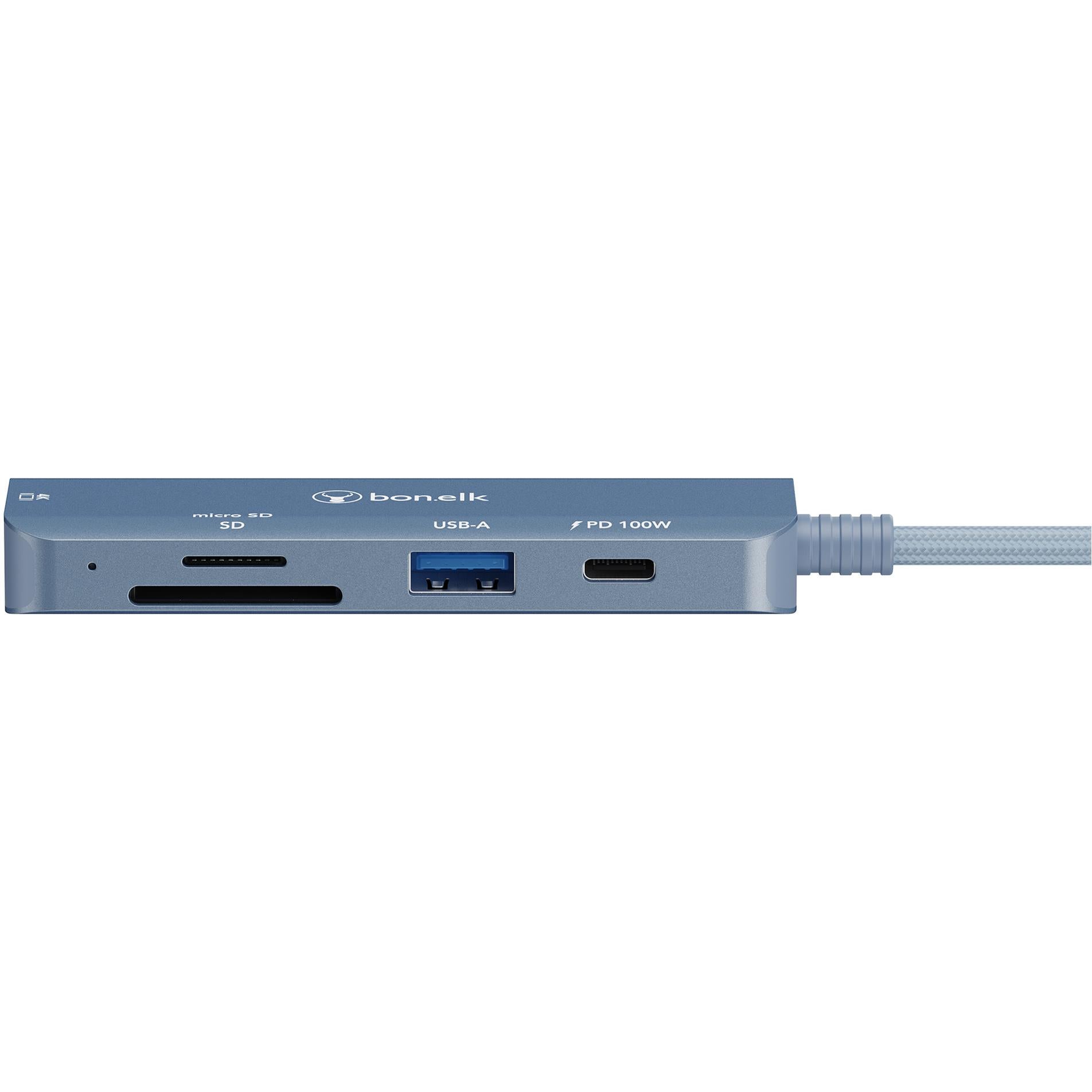 Indigo blue USB-C multiport hub with USB-A and card slot ports