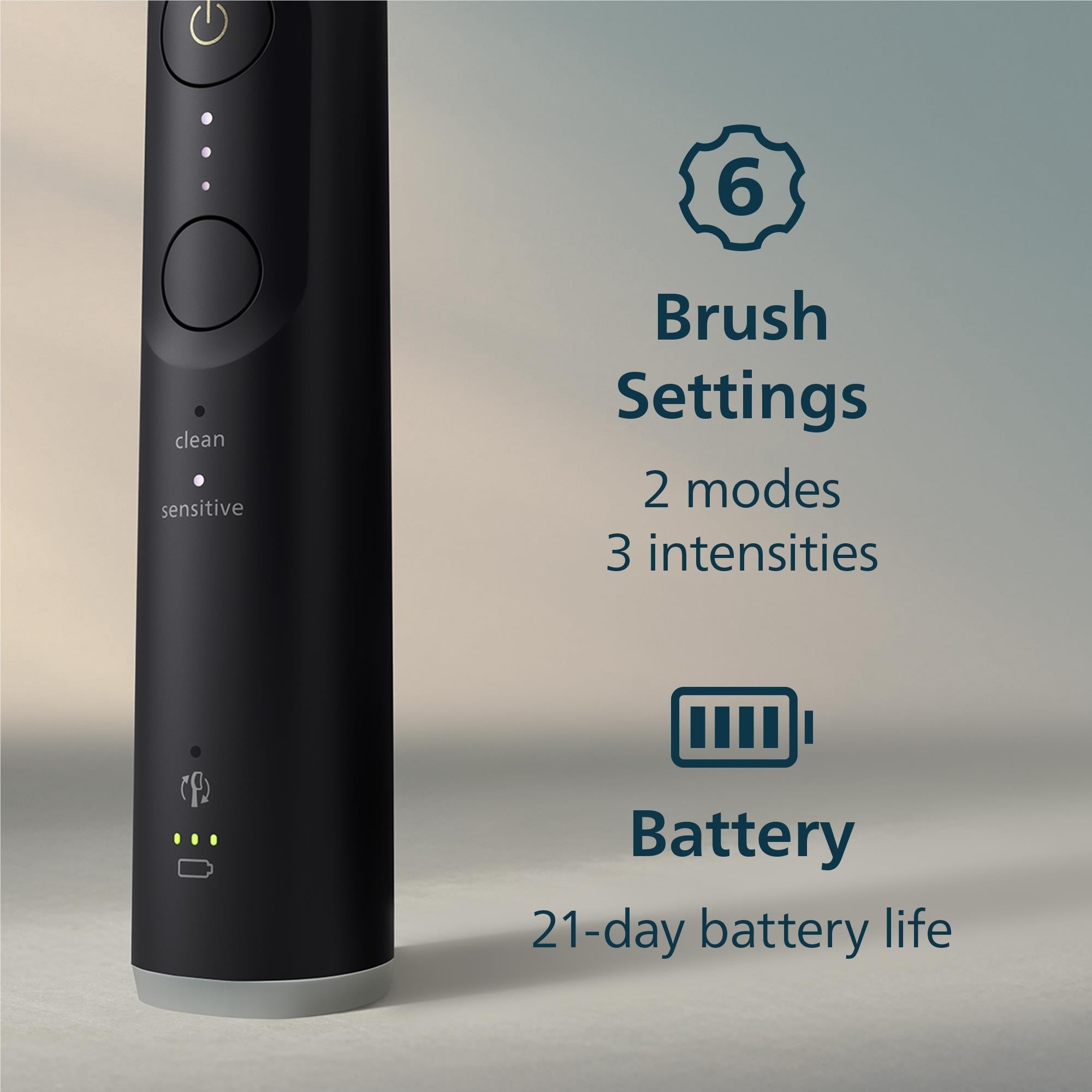 Black electric toothbrush handle with illuminated mode and buttons