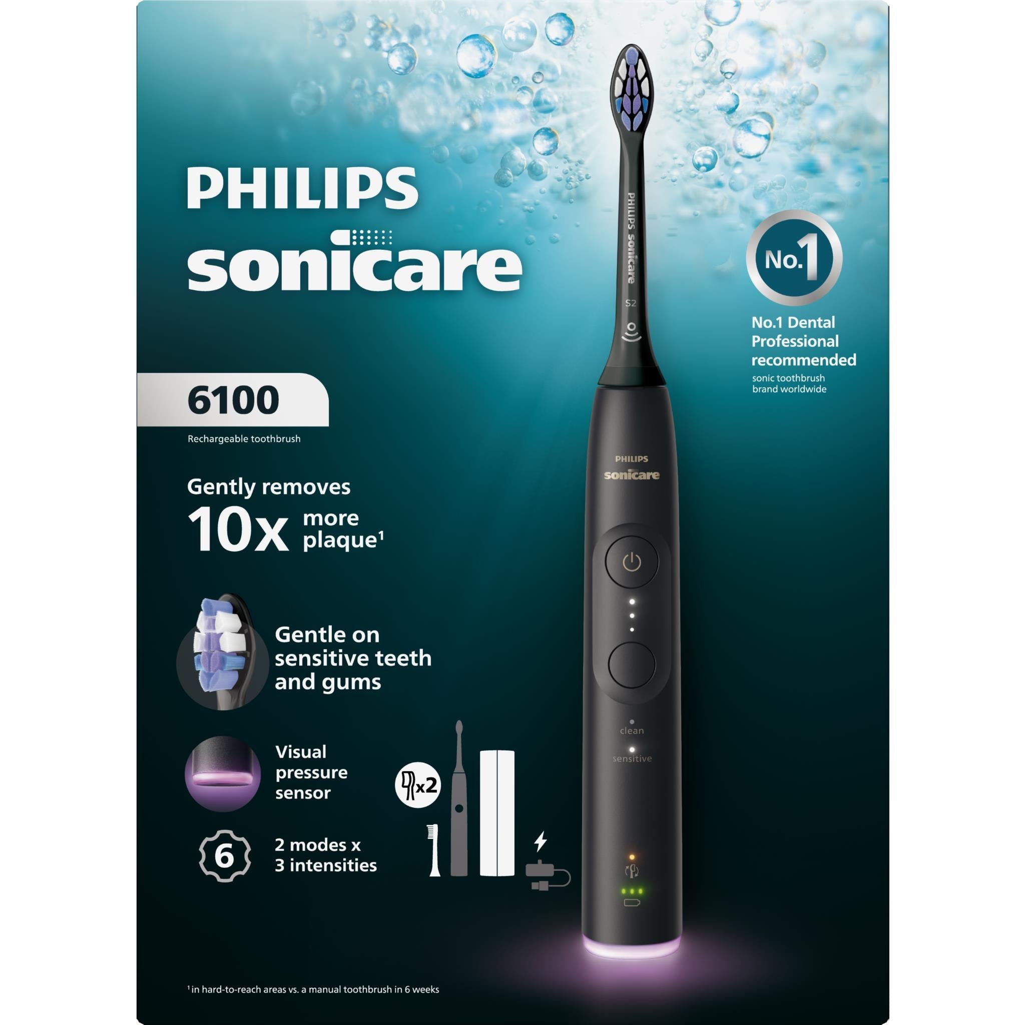 Philips Sonicare 6100 box featuring black rechargeable electric toothbrush and stand