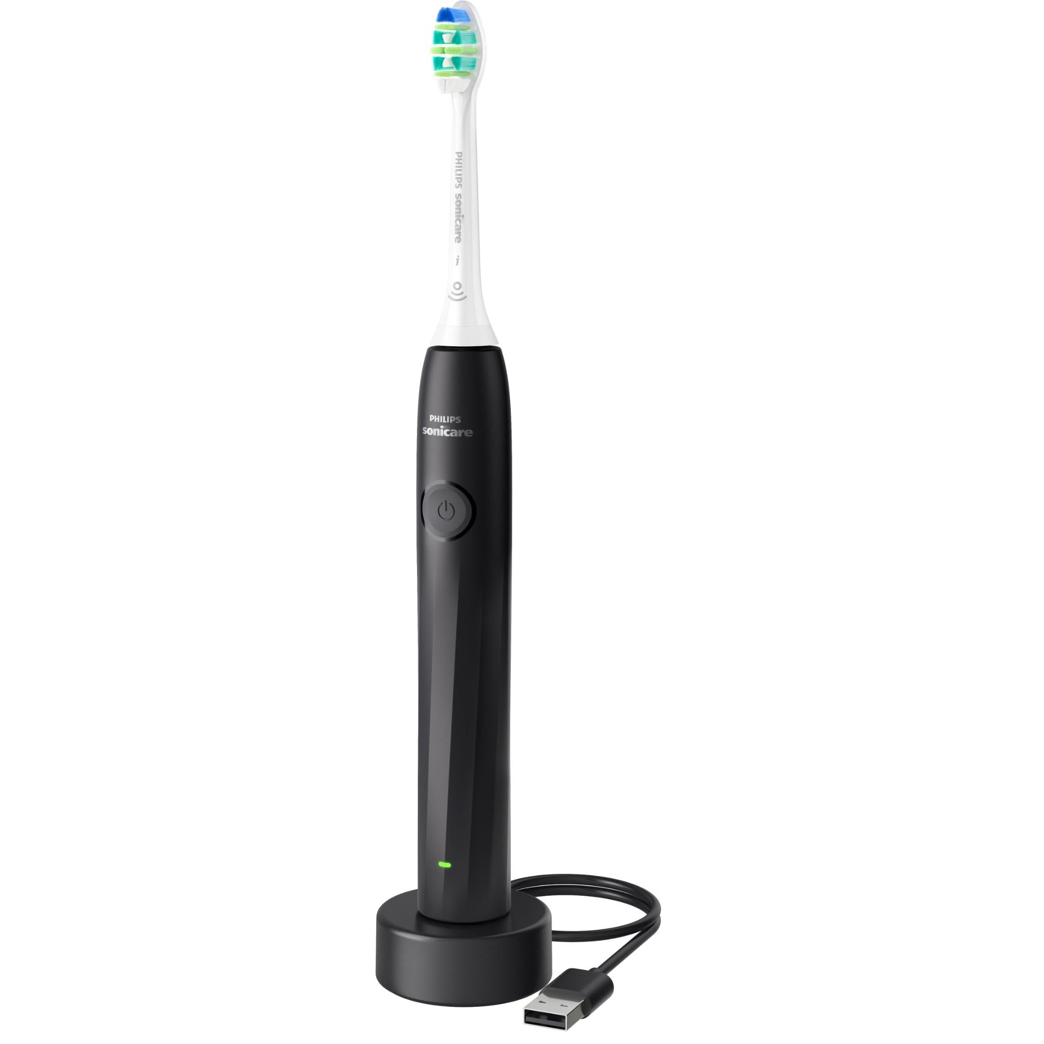Black rechargeable electric toothbrush with charging base and USB cable