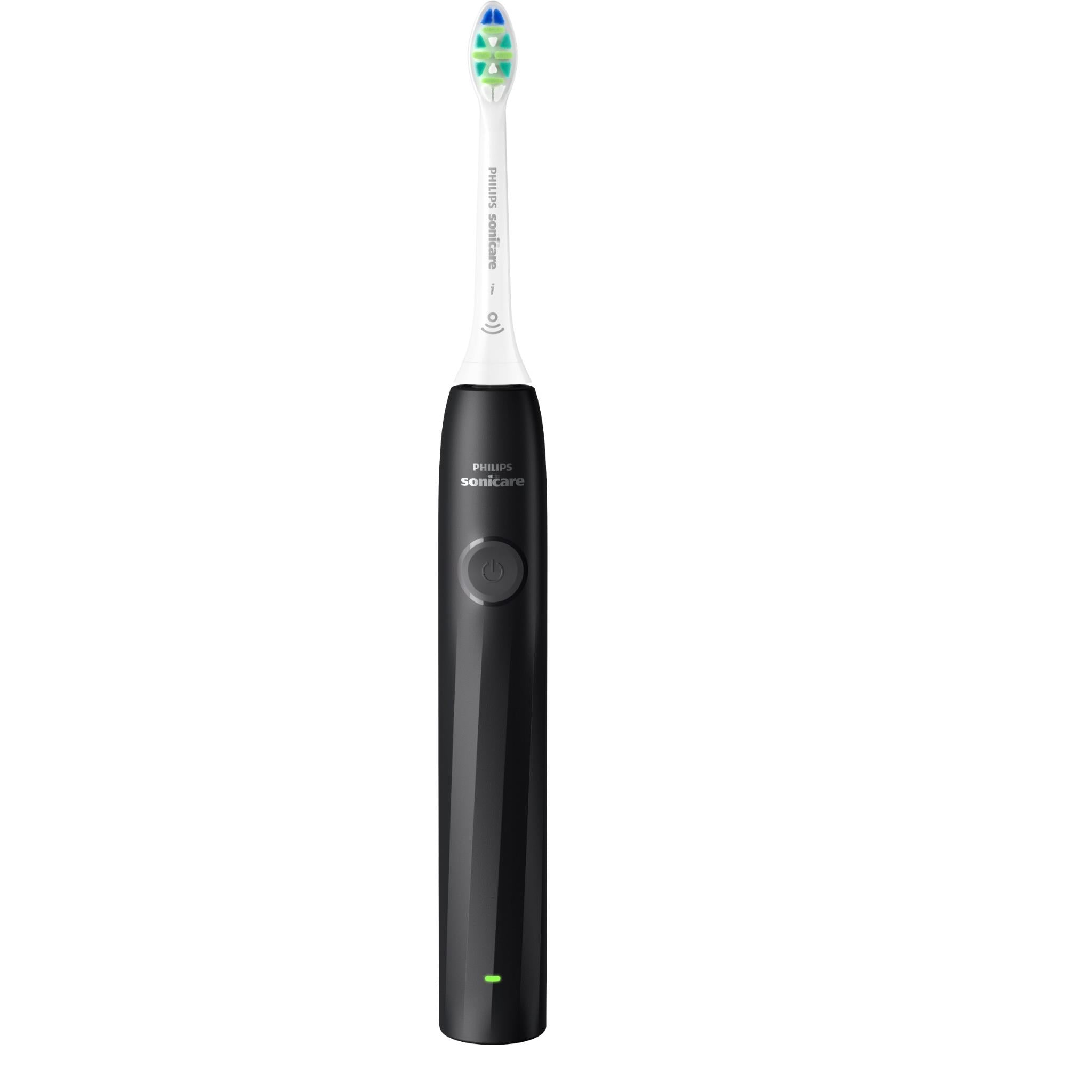 Black rechargeable electric toothbrush with visible power button and LED indicator