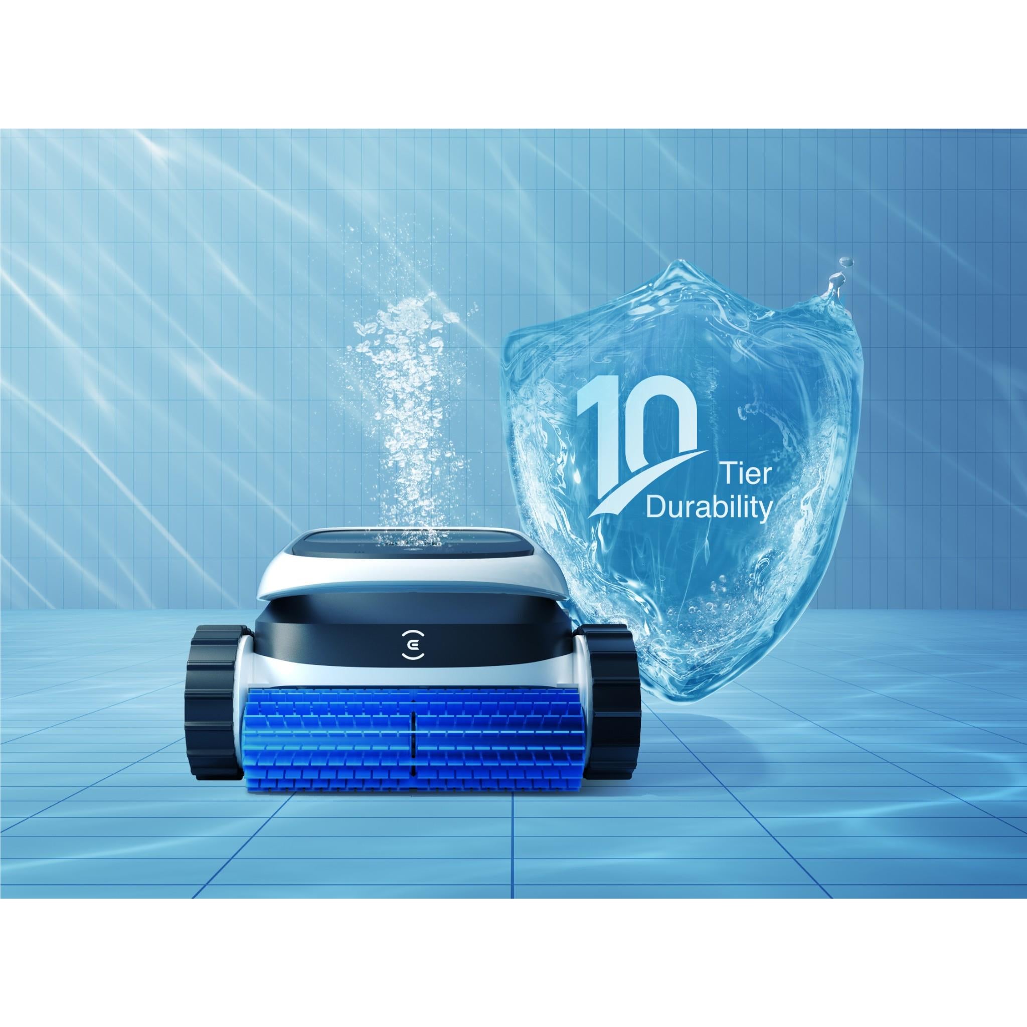Robot pool cleaner with blue brush roller in blue pool water, splash visible