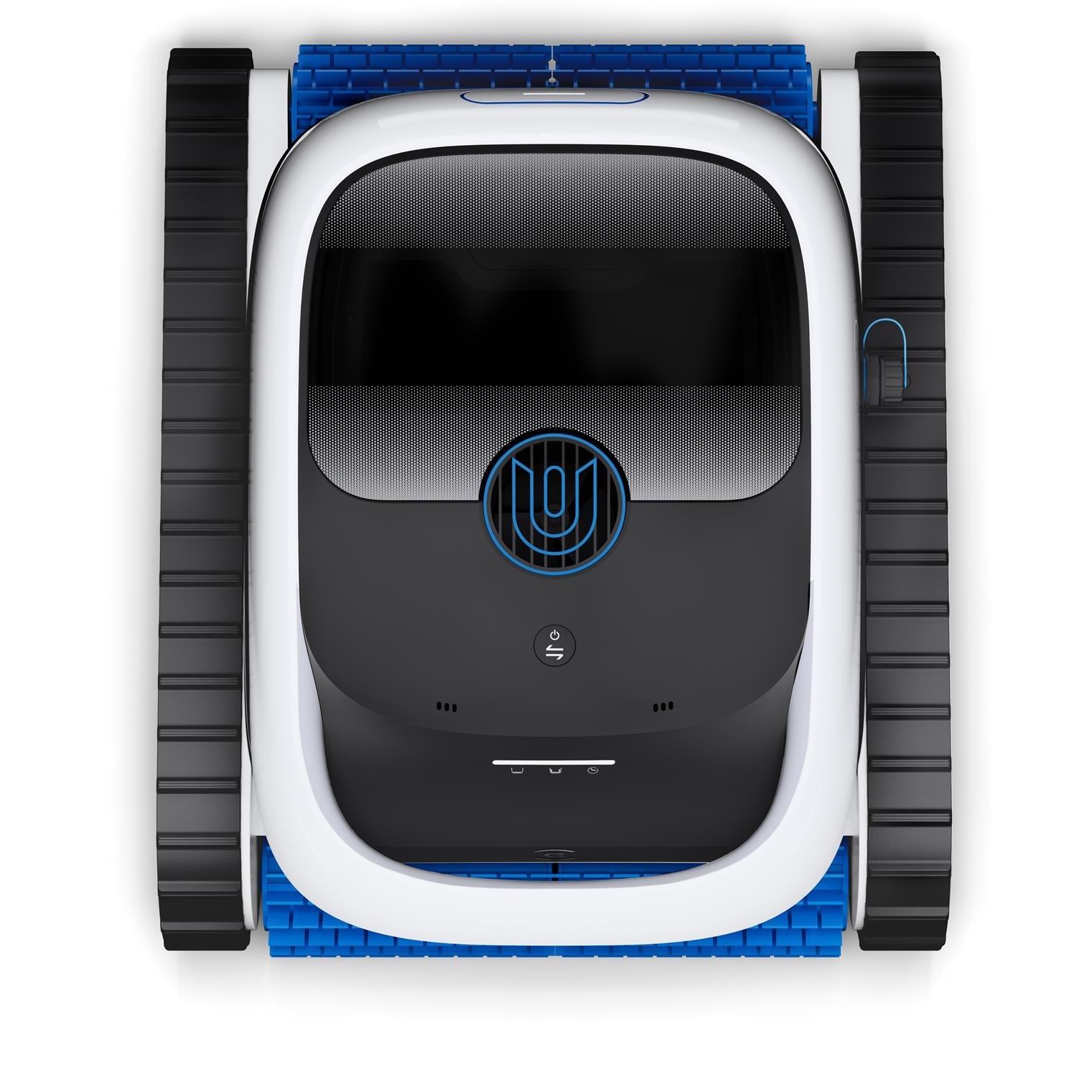 Robot pool cleaner with white body, black top, and blue brush rollers