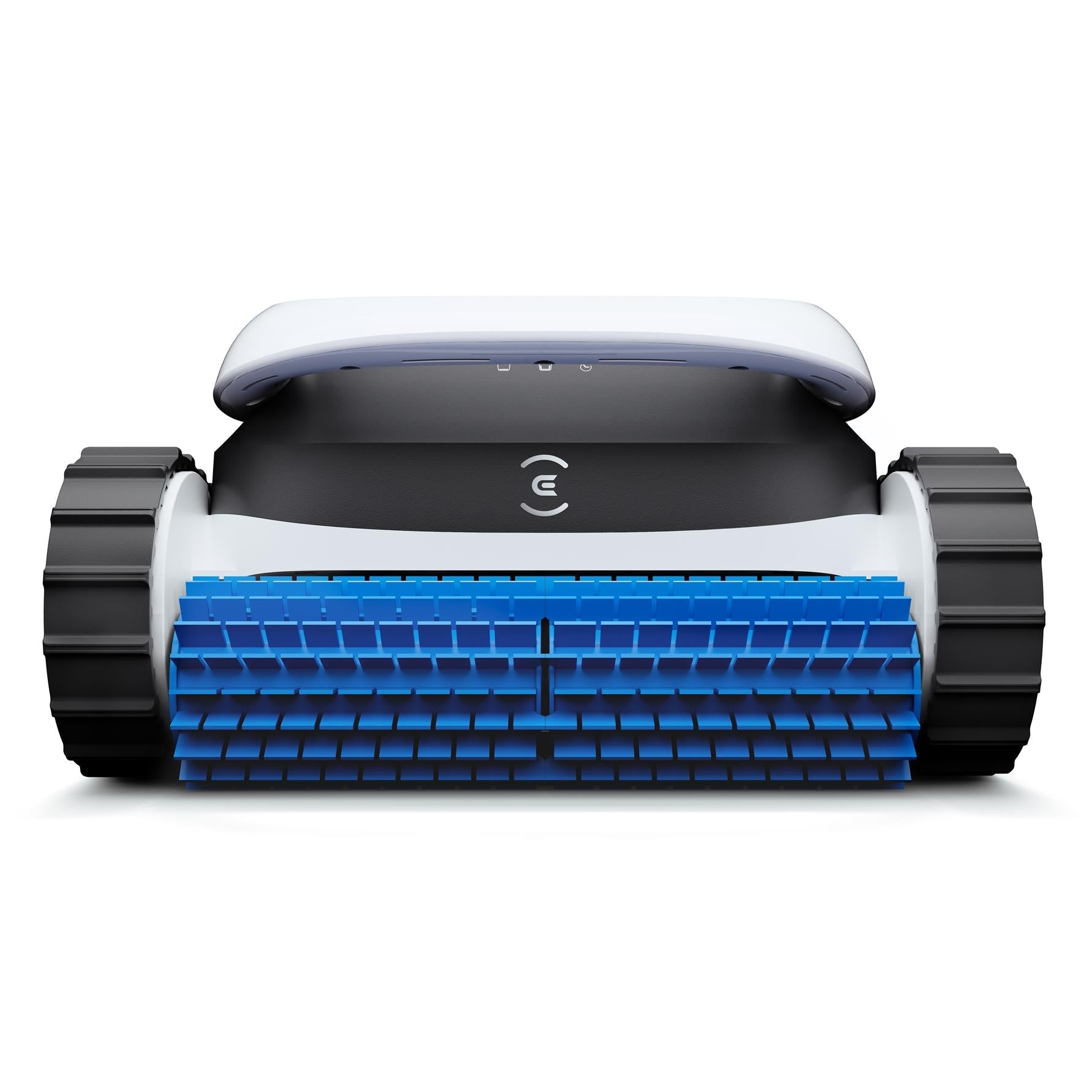 Robot pool cleaner front view with blue brush drum and black side tracks