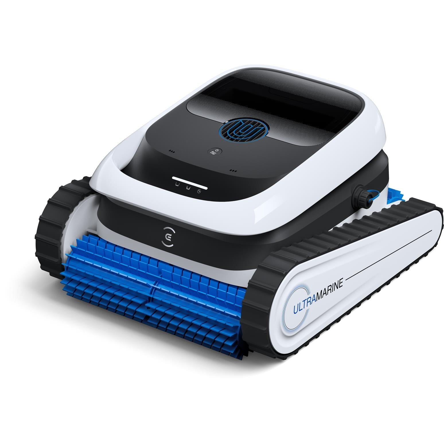 Robot pool cleaner angled view, white shell and blue brush bed between tracks