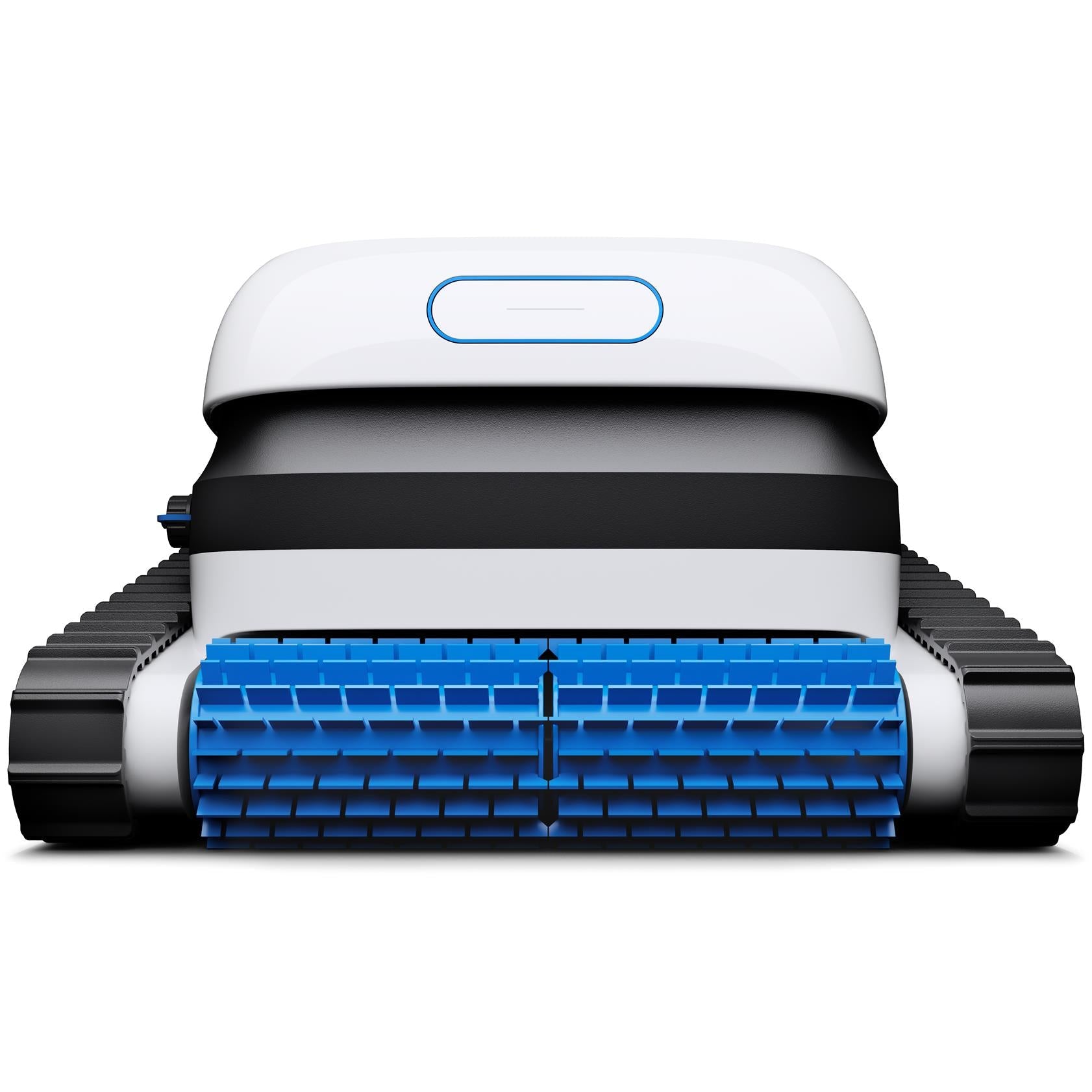 Robot pool cleaner with blue front brush panels and white top control bar