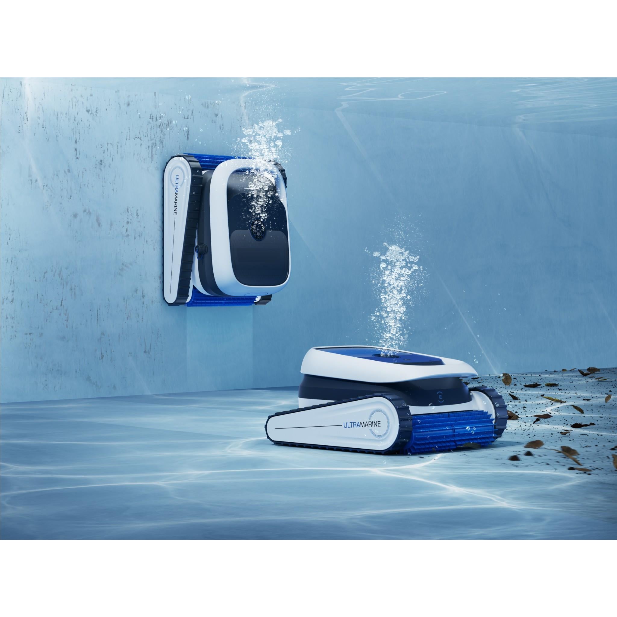 White and blue robot pool cleaner moving through pool water with spray