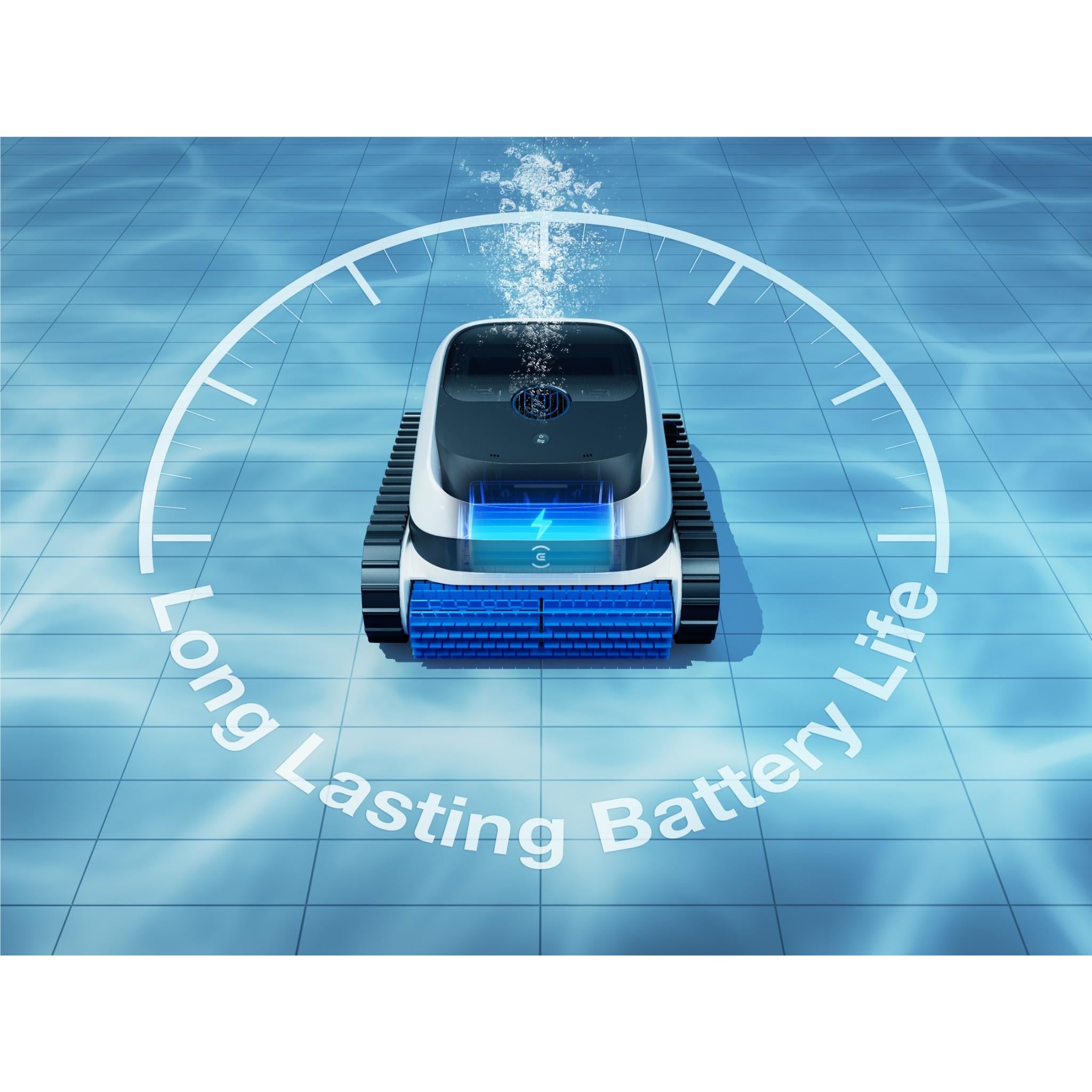 Robot pool cleaner centered on pool floor with glowing energy ring effect