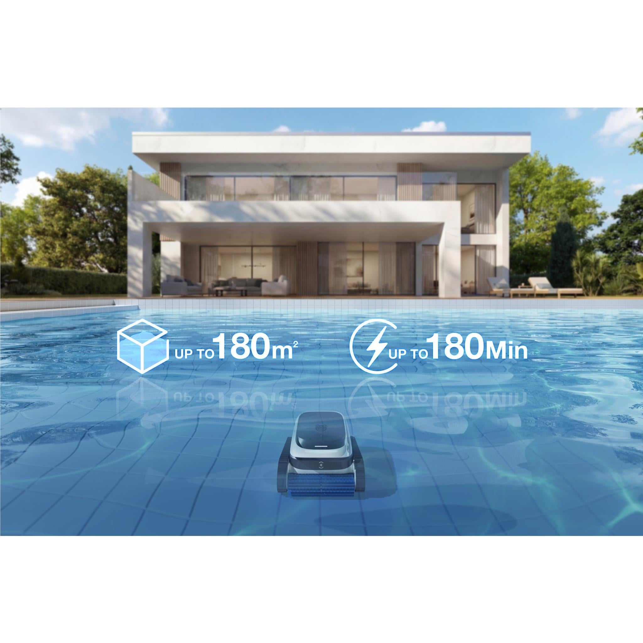 Robot pool cleaner driving across outdoor pool surface with water spray