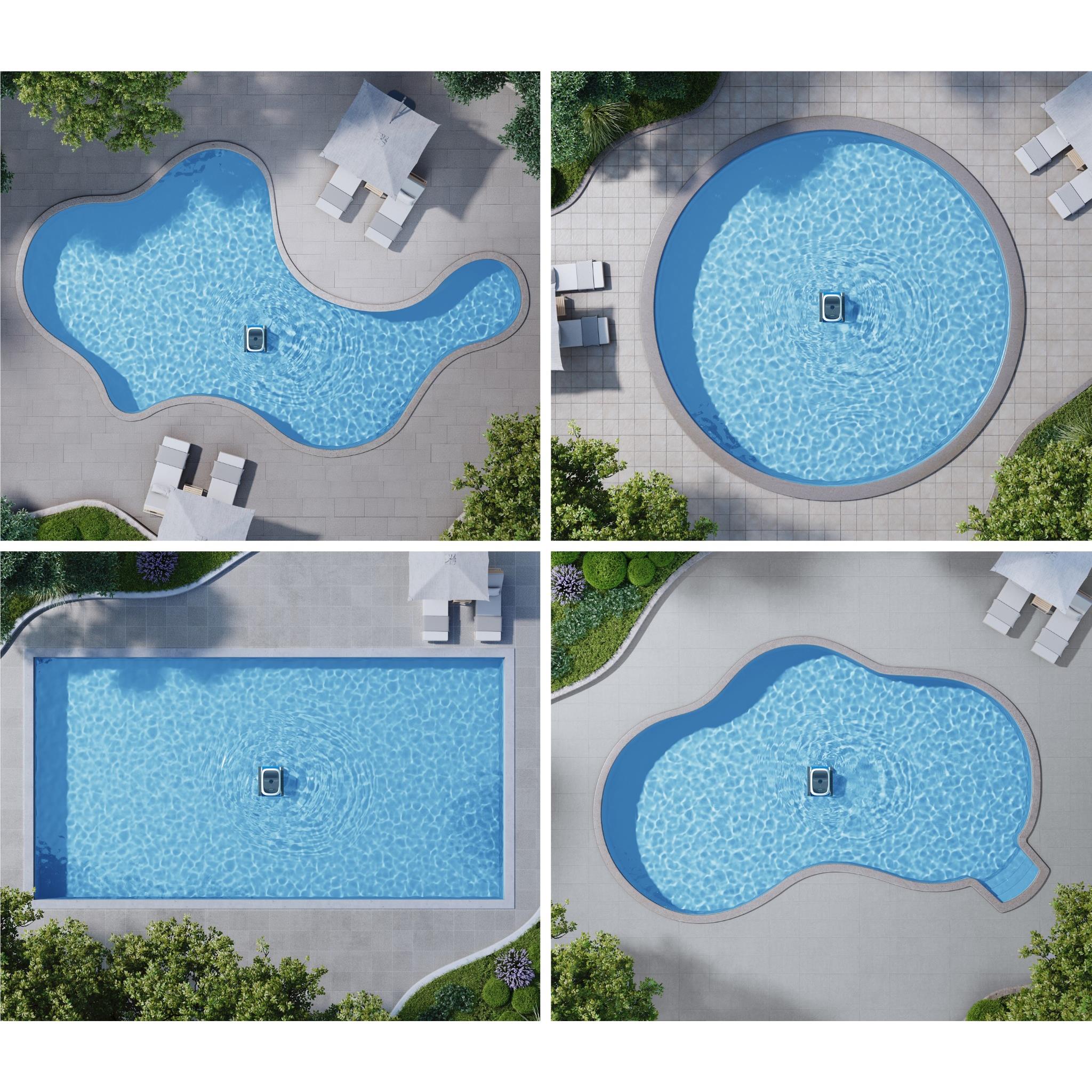 Small robot pool cleaner shown on top-down view of blue swimming pool
