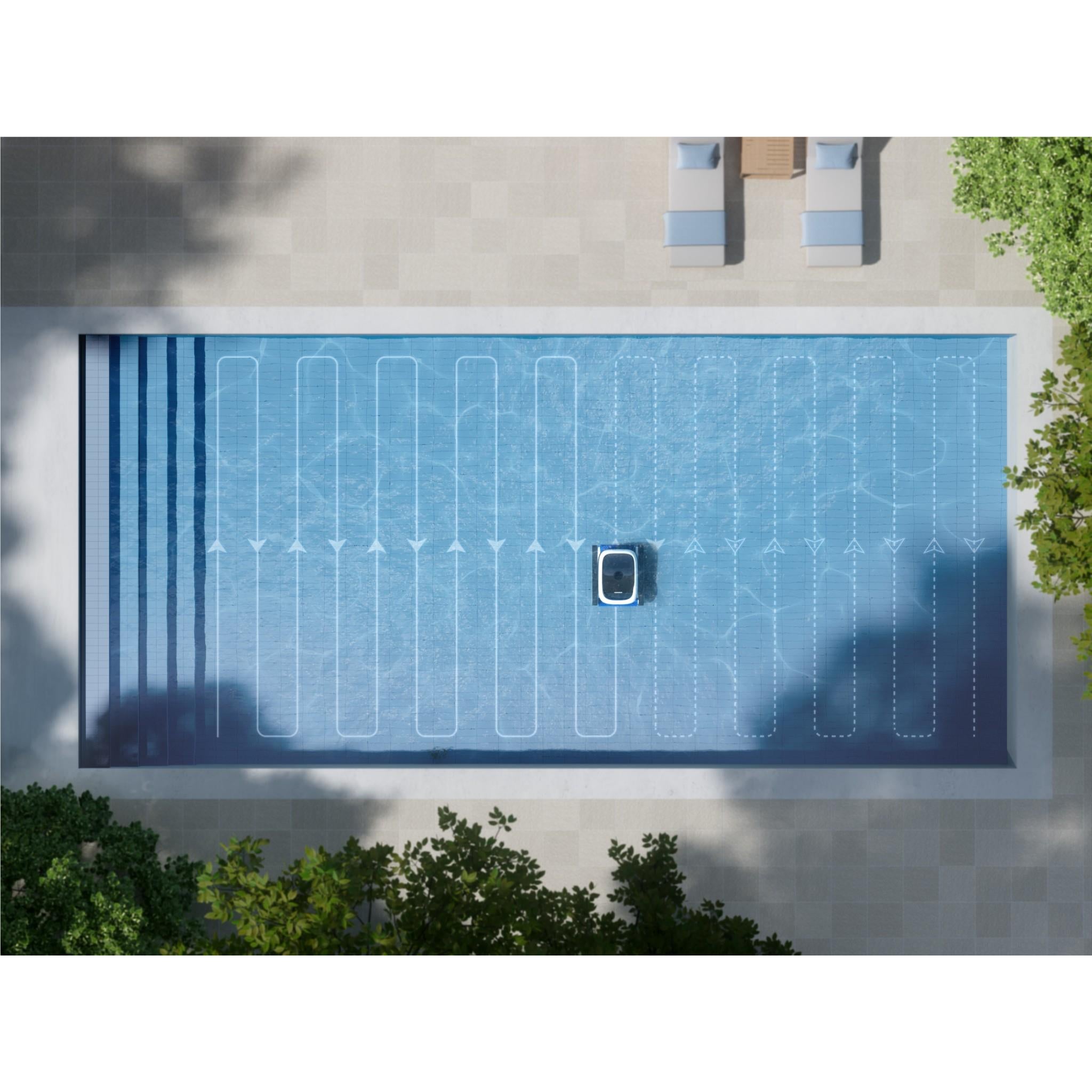 Robot pool cleaner on rectangular blue pool with top-down cleaning guide lines