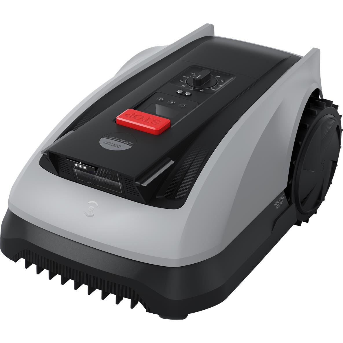 Robotic lawn mower with black control panel and red STOP button, light gray body
