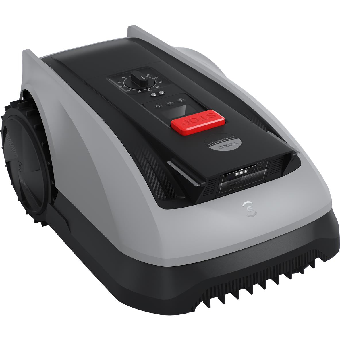 Robotic lawn mower with sloped top controls, red STOP button, light gray housing