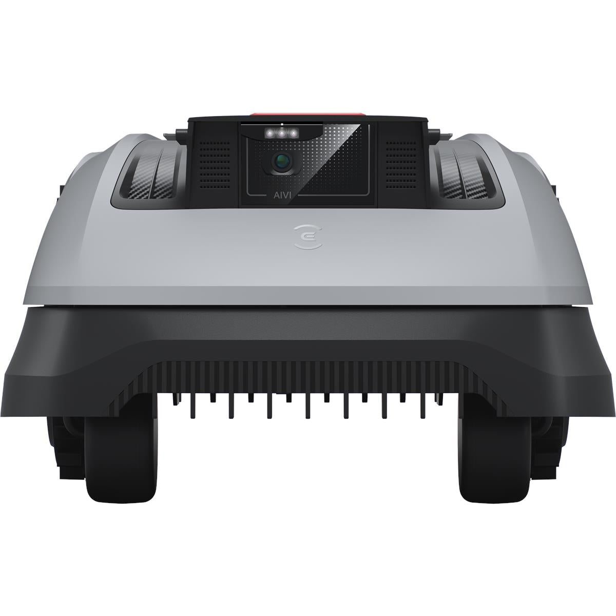 Robotic lawn mower viewed from front, light gray body with camera sensor panel