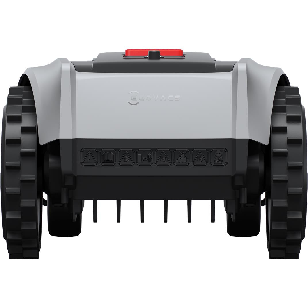 Robotic lawn mower rear view, light gray cover with textured safety grille