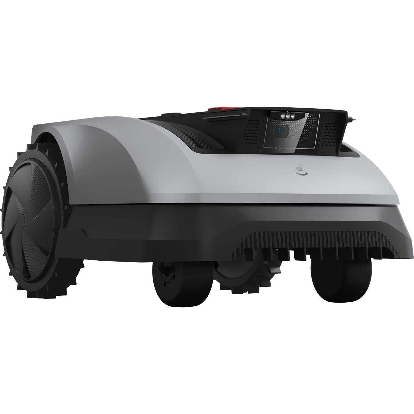 Robotic lawn mower side view, light gray body with front wheel and black bumper