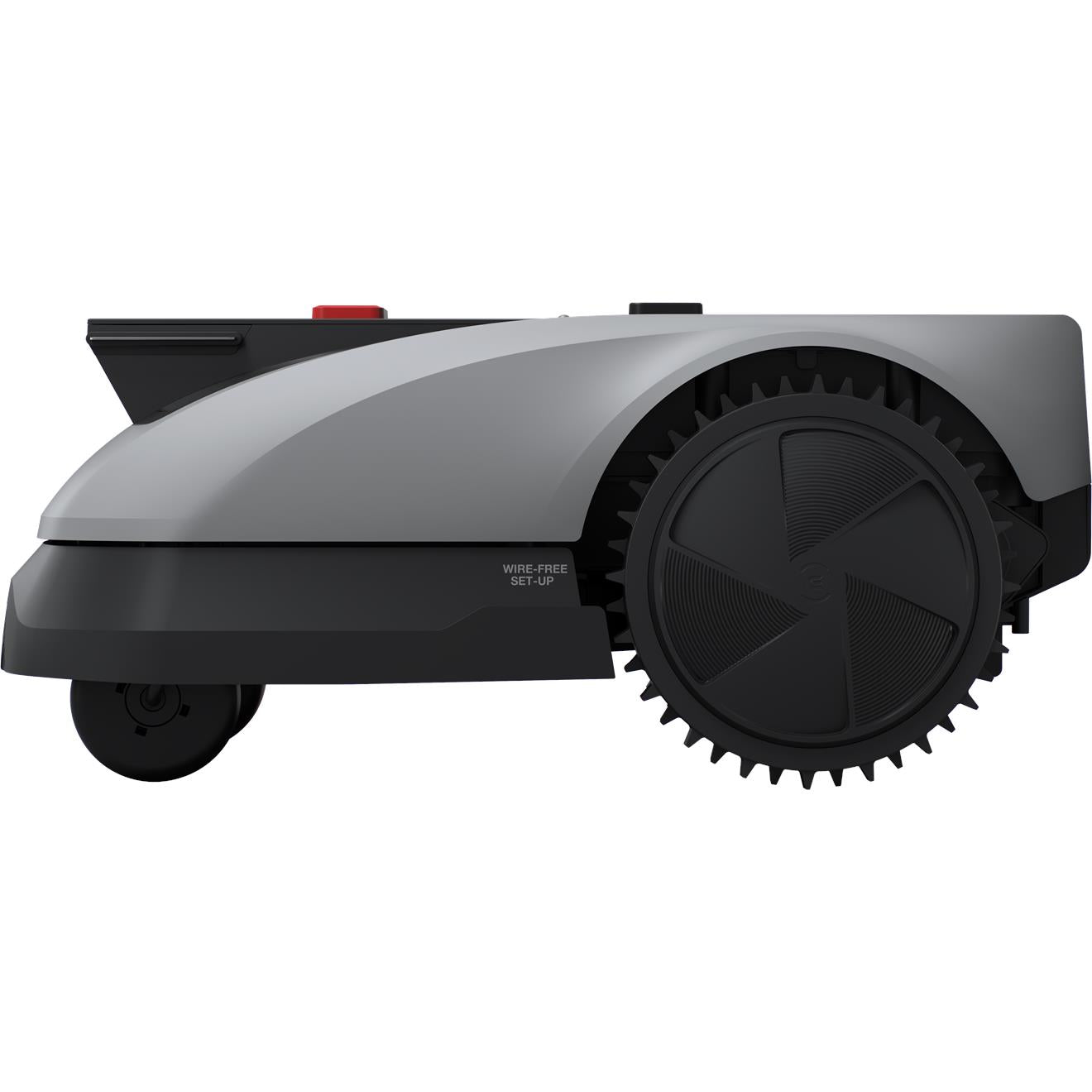 Robotic lawn mower angled side view, large toothed wheels and light gray cover
