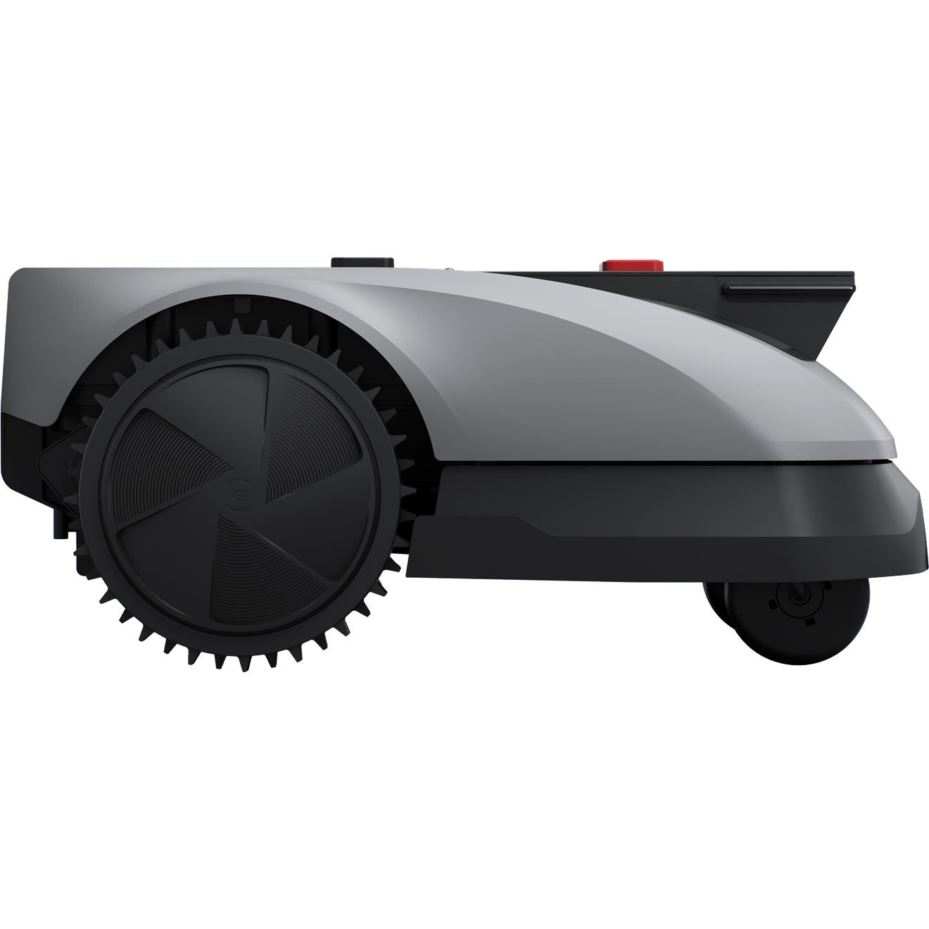 Robotic lawn mower side profile, large black drive wheel and light gray body