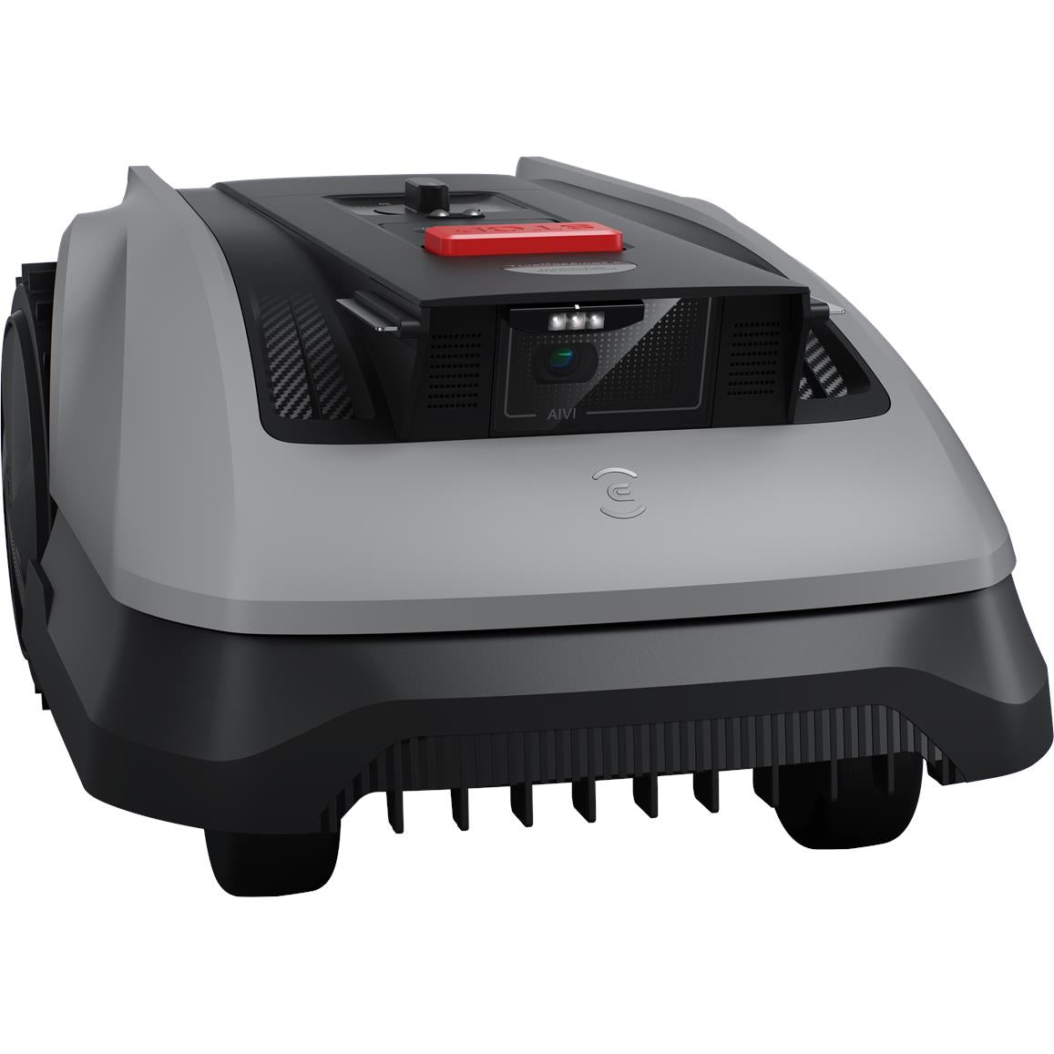 Robotic lawn mower top view, light gray body with red switch and sensor window