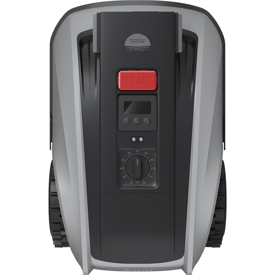 Robotic lawn mower control panel close-up with red STOP button and dial controls
