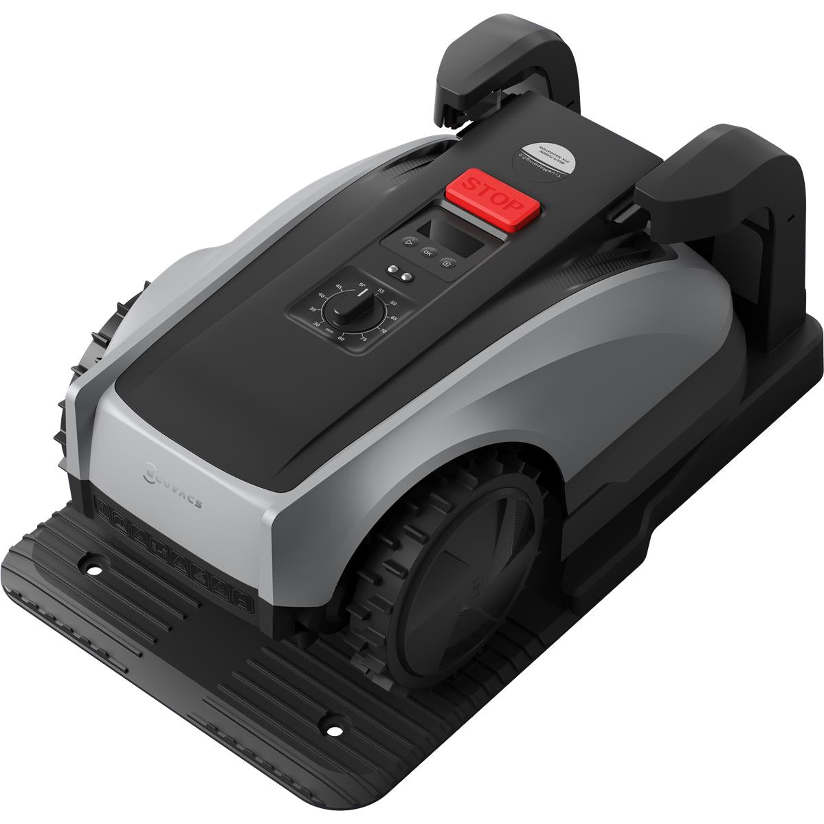 Robotic lawn mower angled top view, black top module with red STOP button