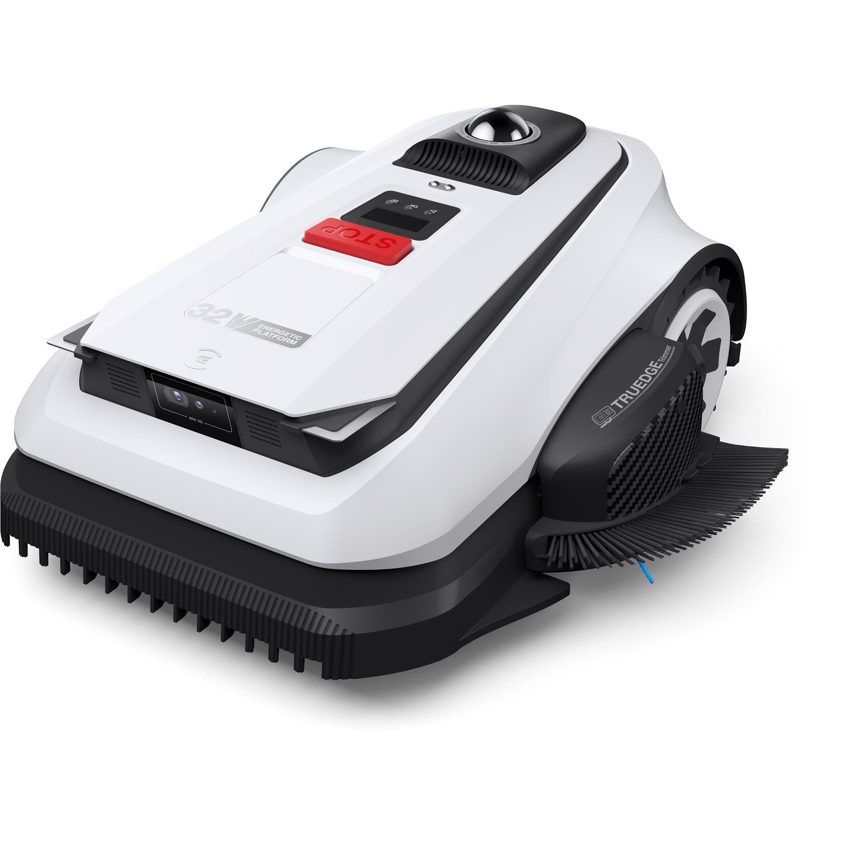 Robotic lawn mower with white body, black bumper, front brush, and control panel