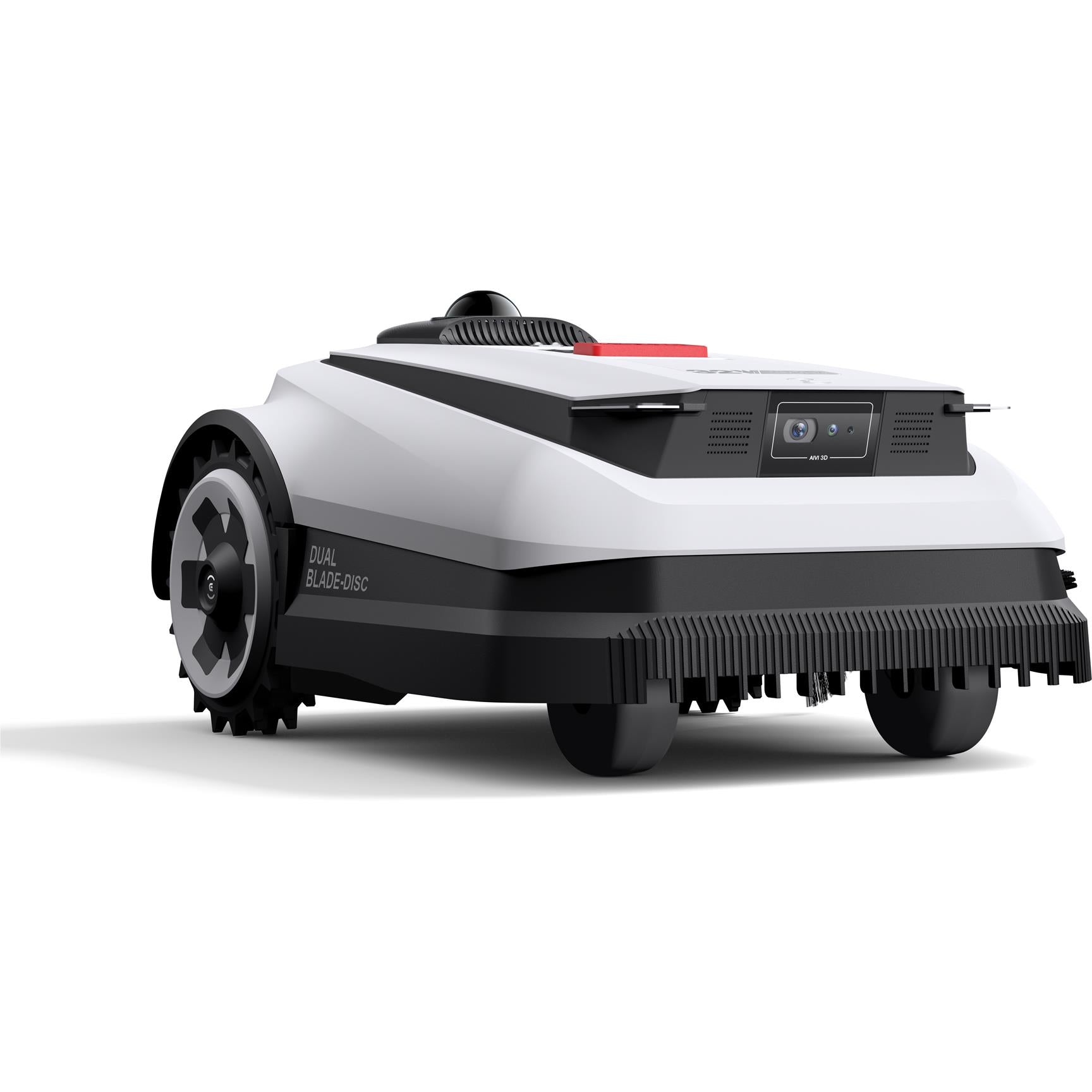Robotic lawn mower side view with rear wheels, top camera window, and sensor dome