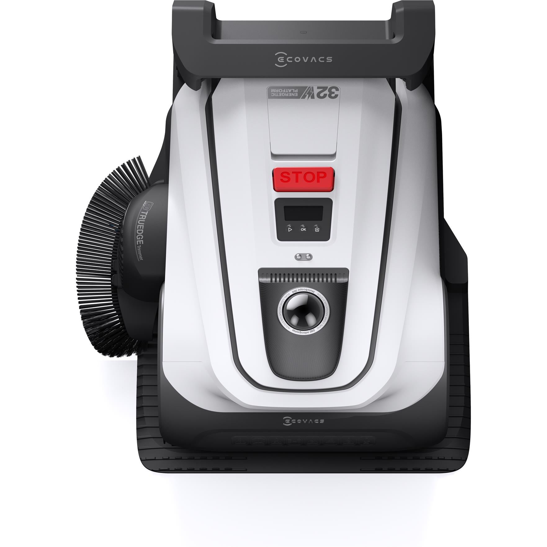 Robotic lawn mower top view with STOP button, control panel, and central round sensor