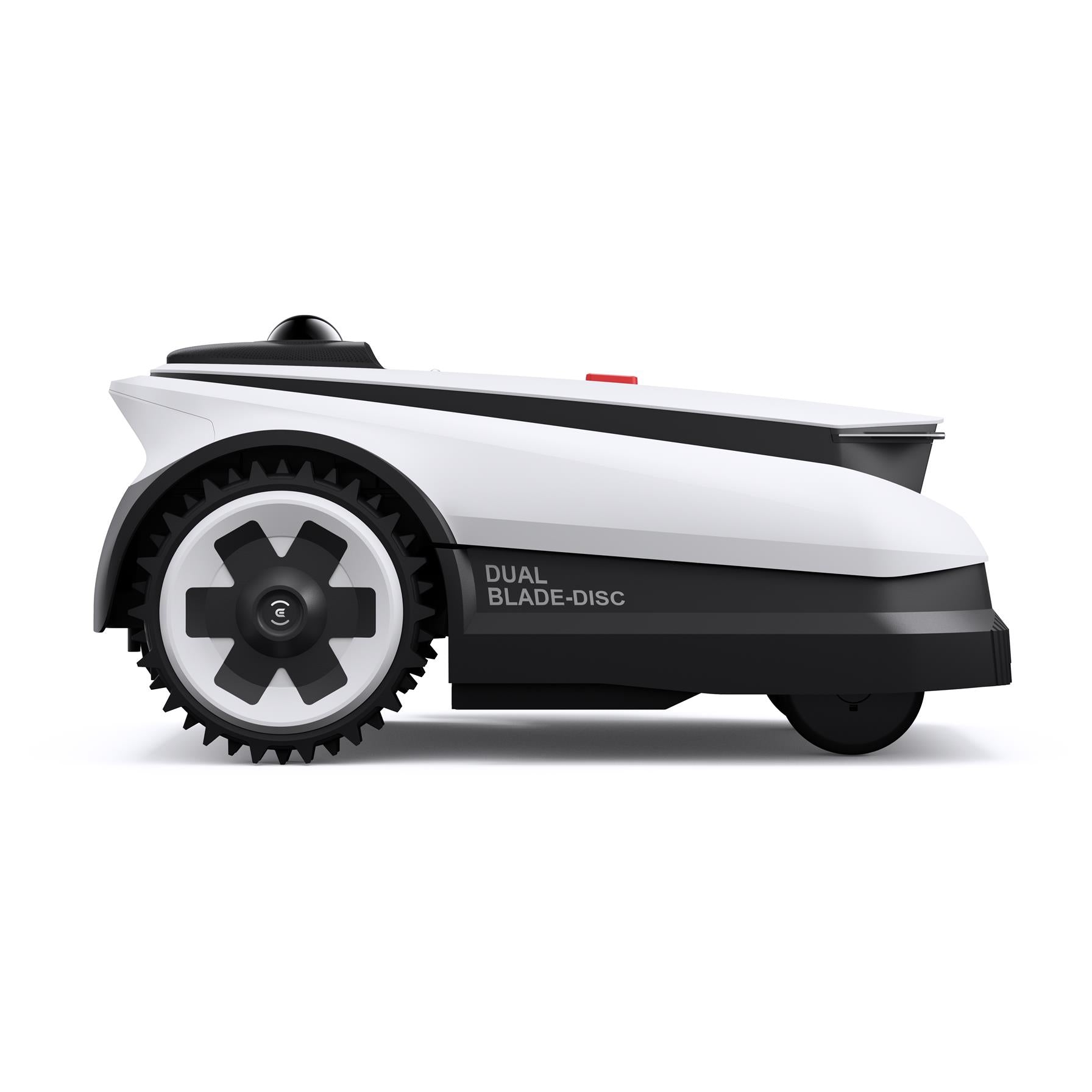 Robotic lawn mower side profile with front wheel, blade-disc cover, and sensor dome