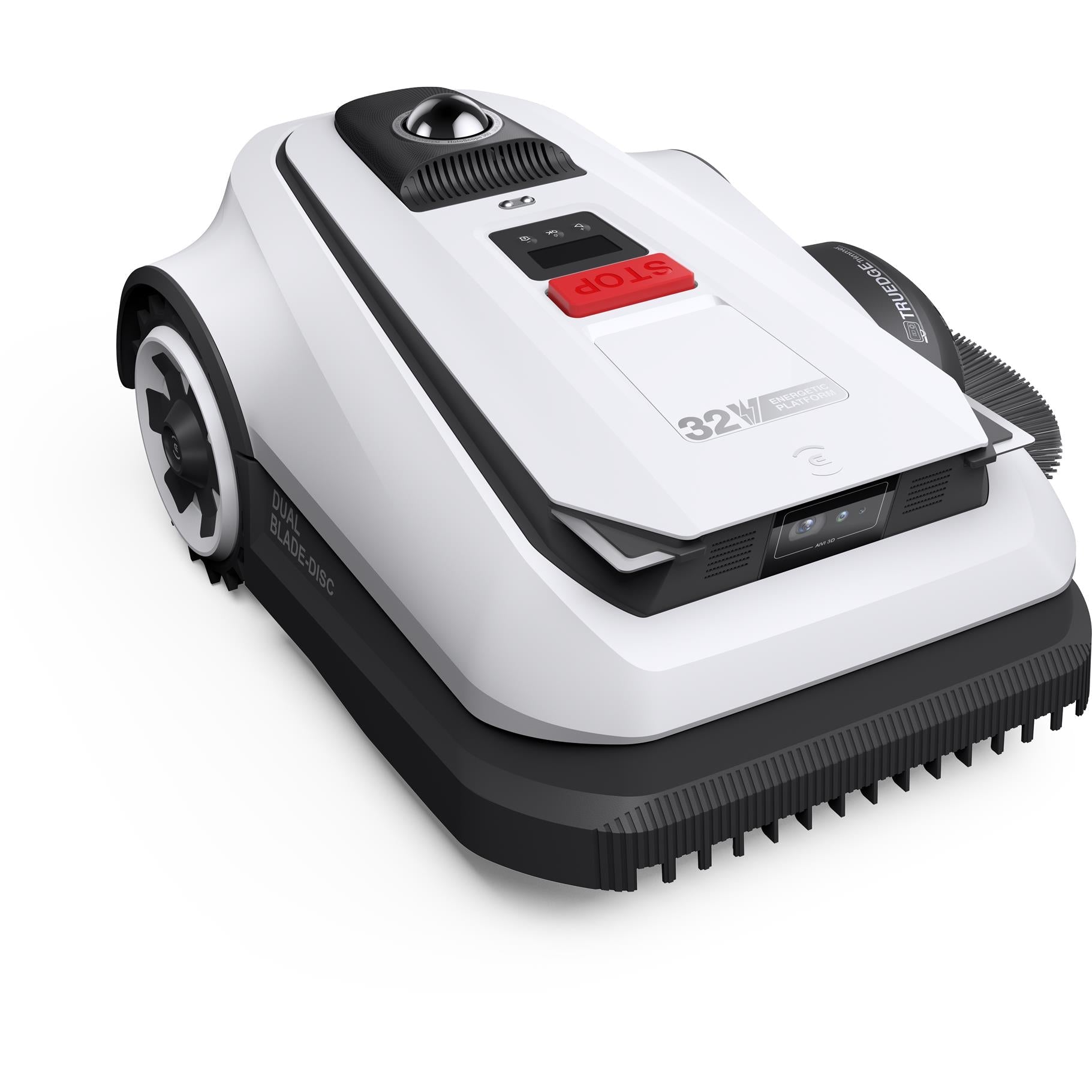 Robotic lawn mower angled view with white housing, black base, and front control screen