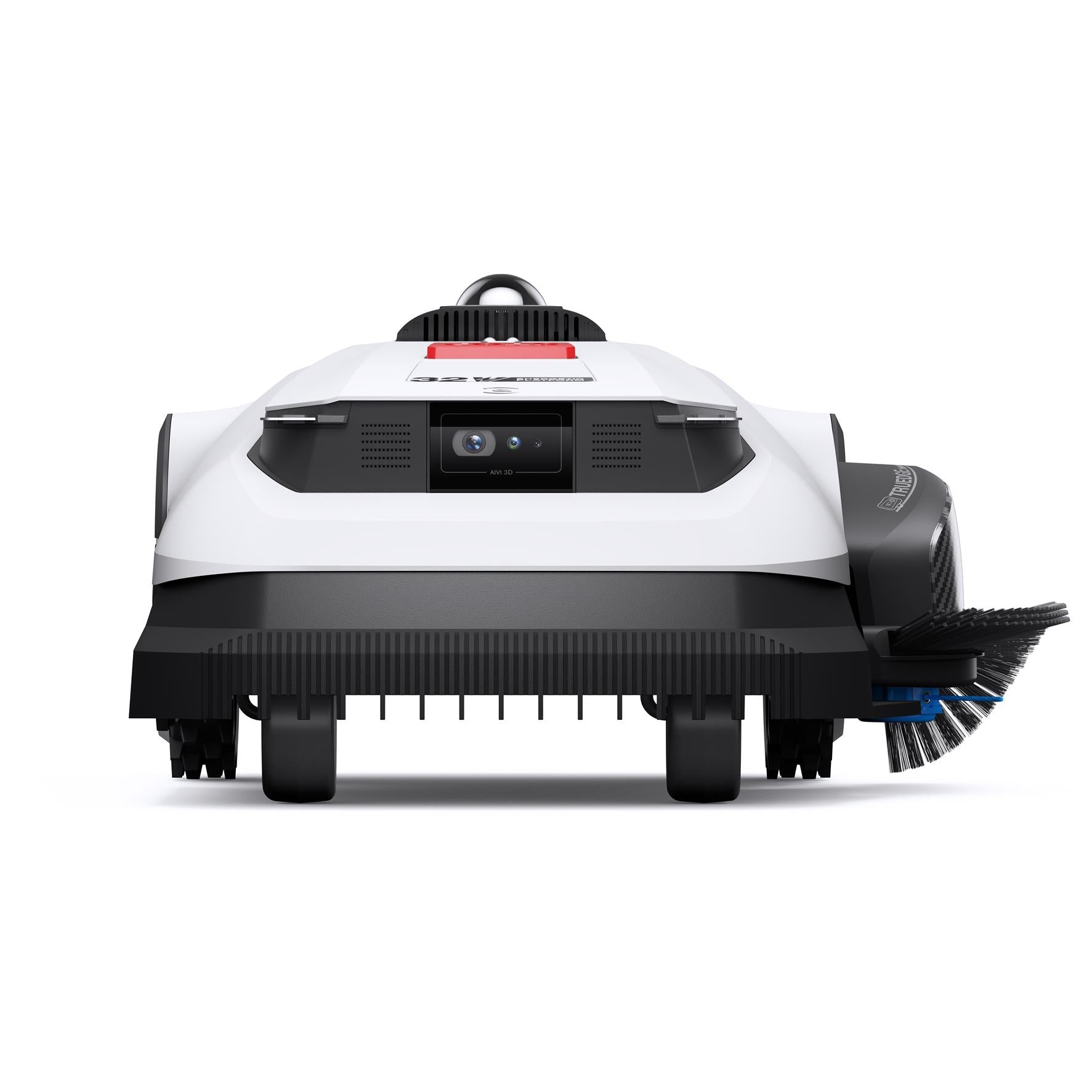 Robotic lawn mower front view with camera window, red button, and side sweeping brush