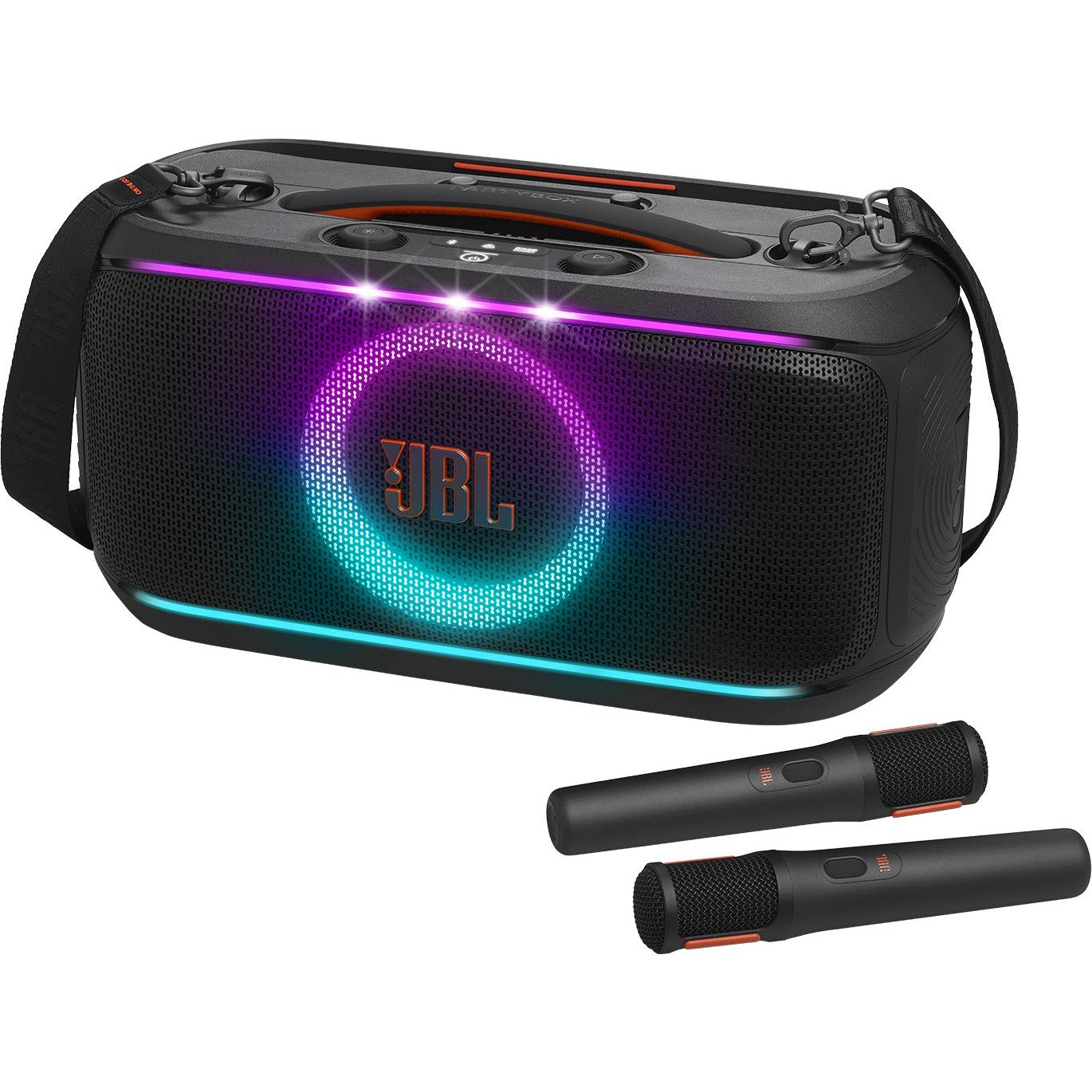 Portable JBL party speaker with built-in microphone pair and glowing LED light