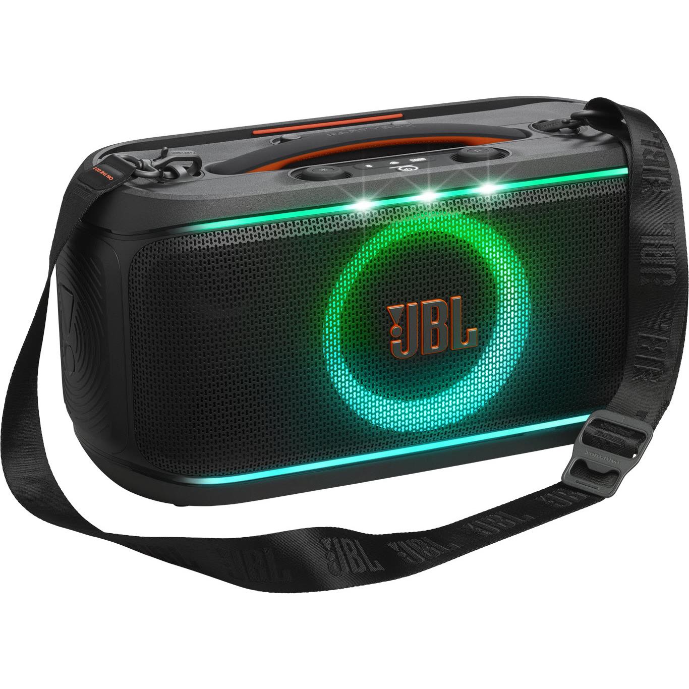 Portable JBL party speaker with adjustable carrying strap and green LED ring lights
