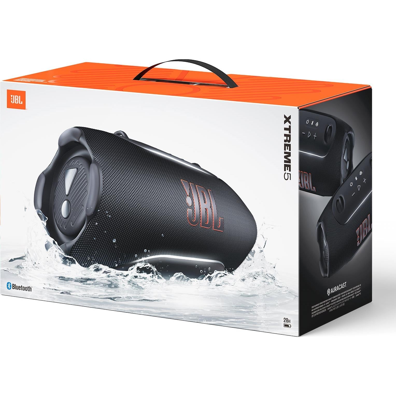 JBL Xtreme 5 speaker retail box showing speaker with water splash graphics