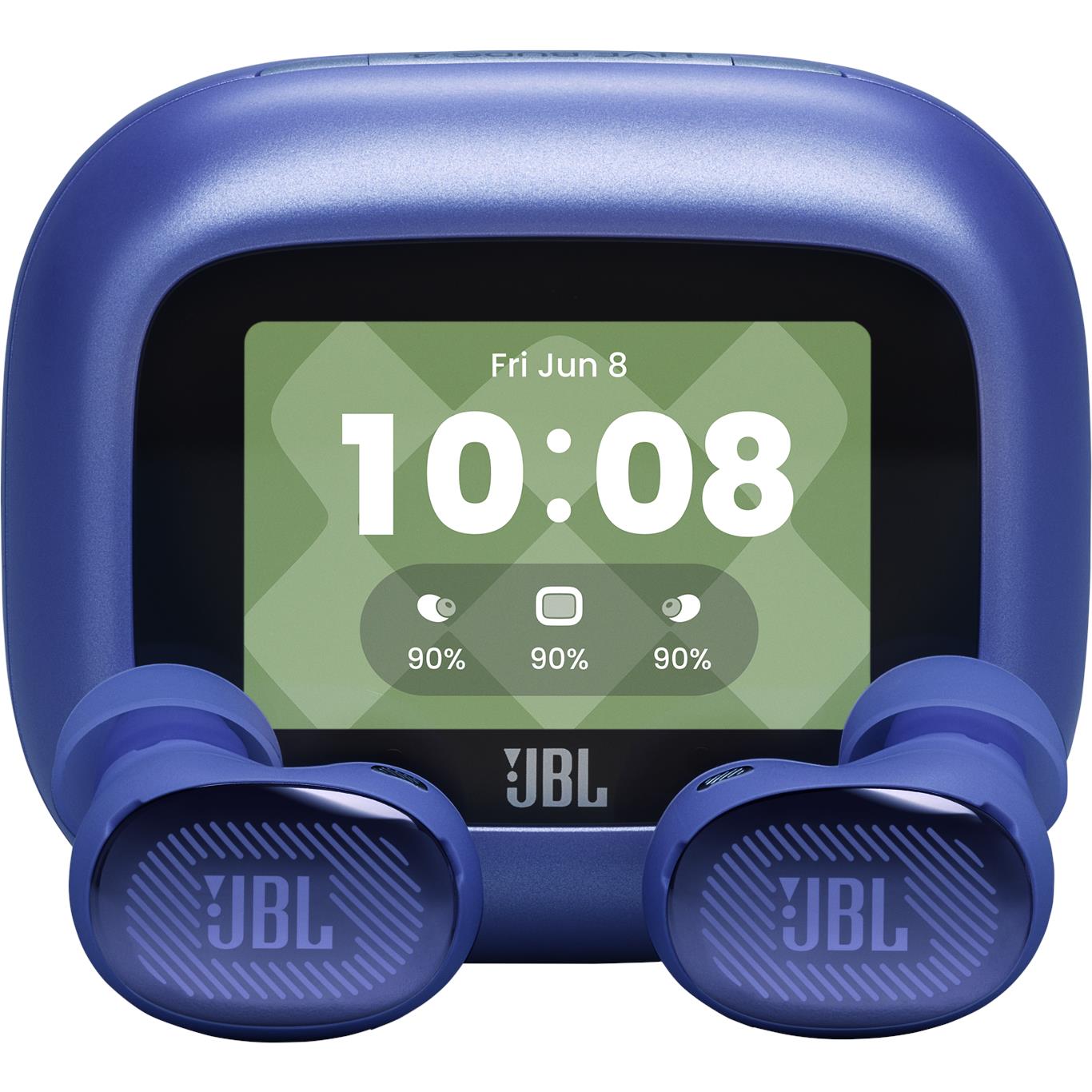 JBL Live Buds 4 charging case with open screen and two blue earbuds
