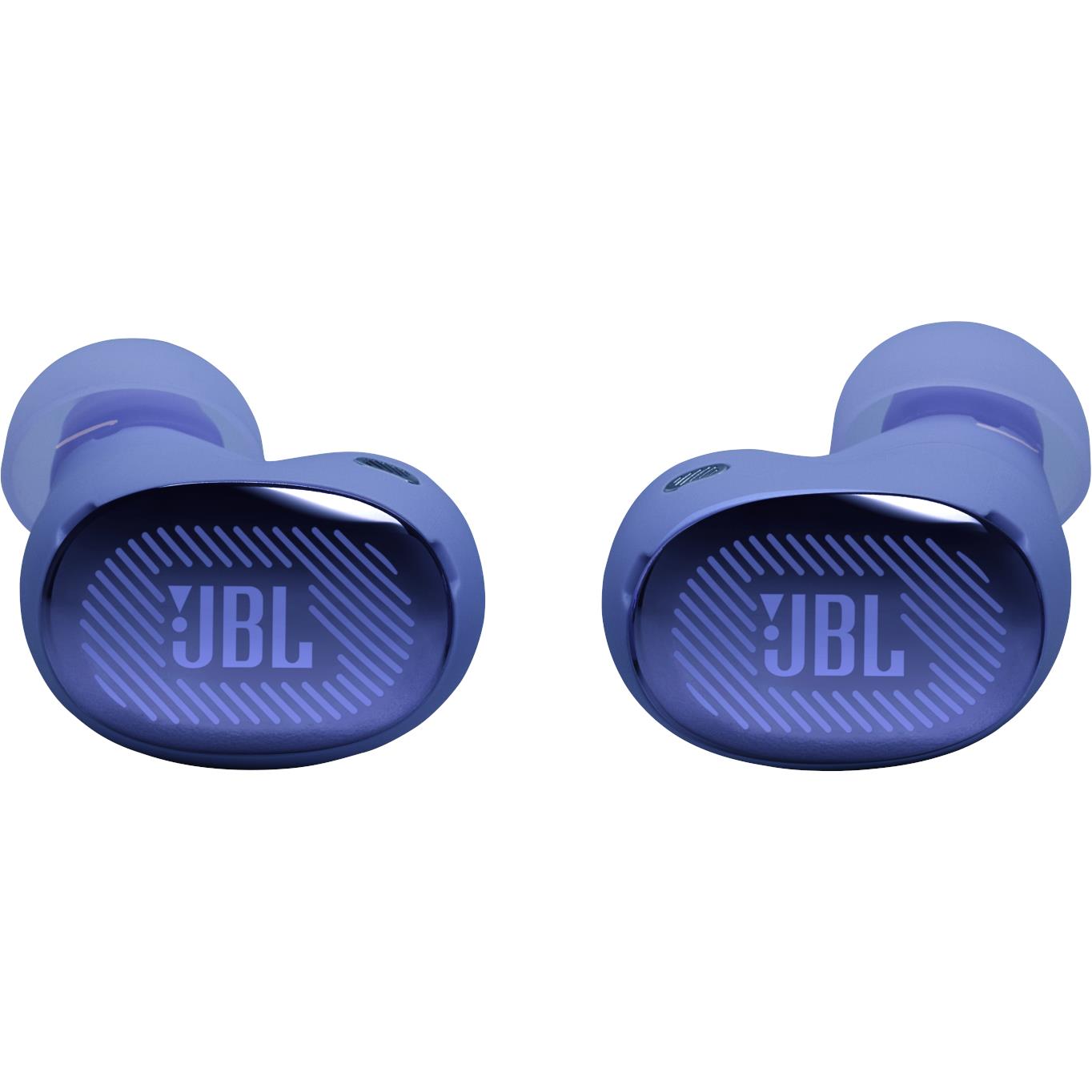 Blue JBL noise-cancelling earbuds, front view with JBL logo on each