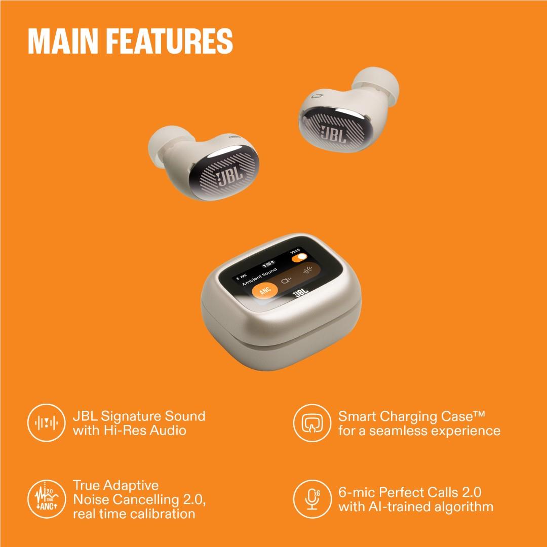 Blue wireless earbuds with charging case, shown from multiple angles