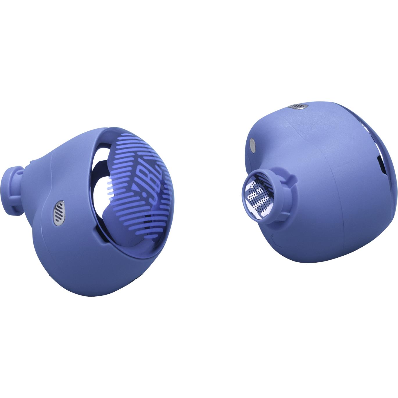Pair of blue in-ear wireless earbuds, front and side views