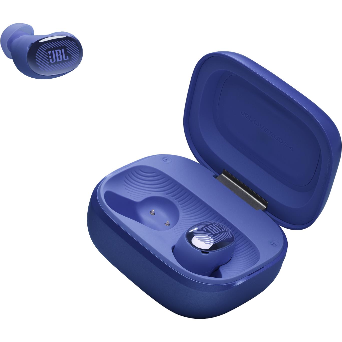 Blue charging case open with two earbuds inside