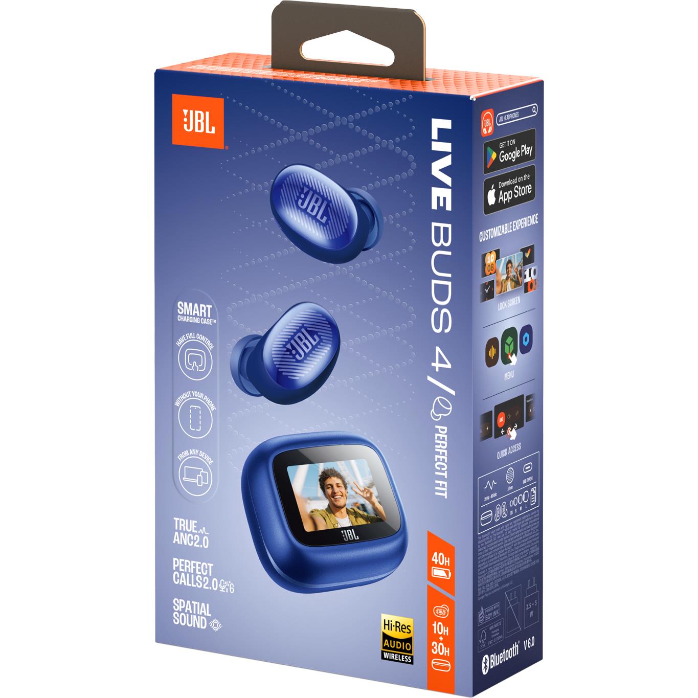 Blue JBL Live Buds 4 earbuds retail box with smart features icons