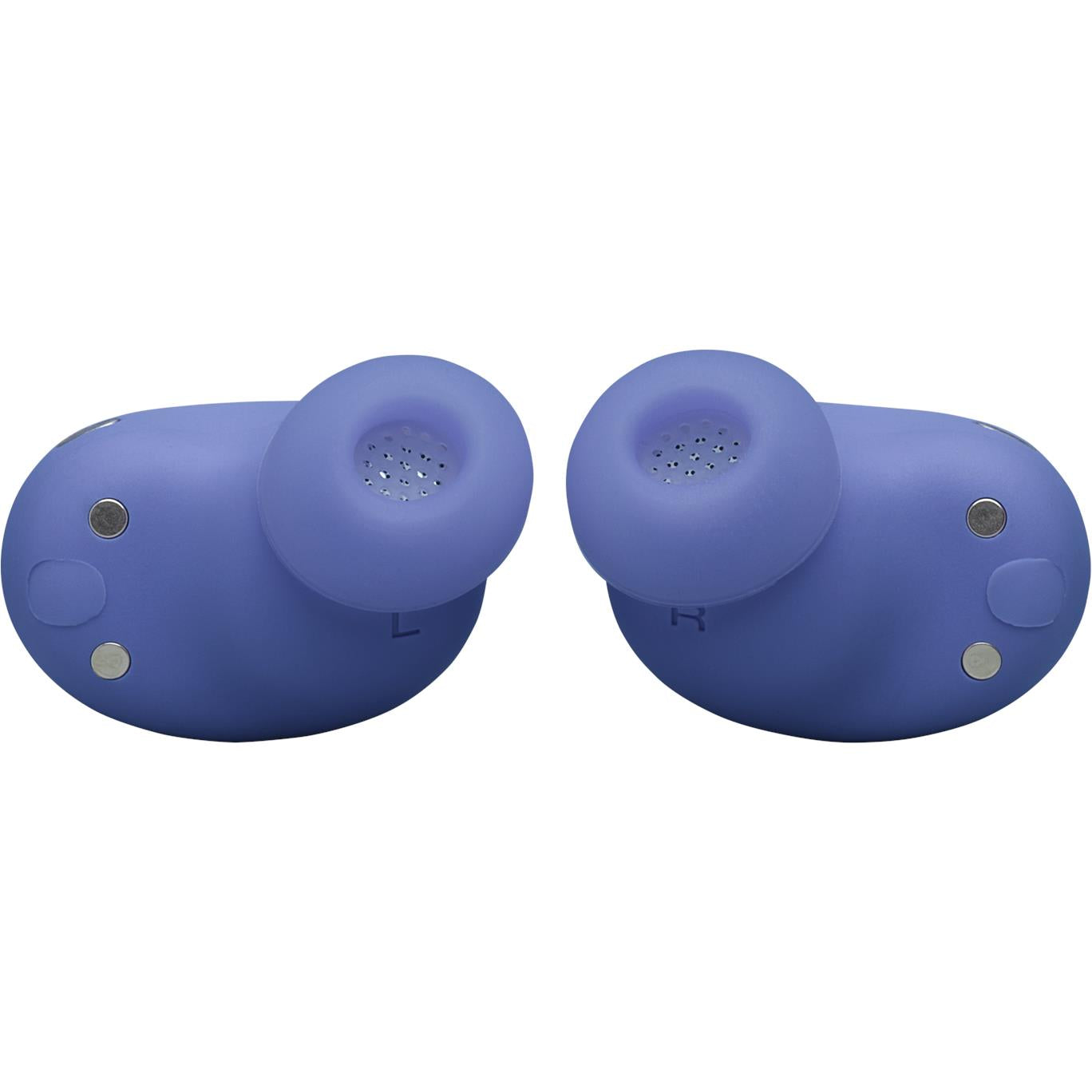 Blue wireless earbuds with speaker mesh and small indicator lights on back