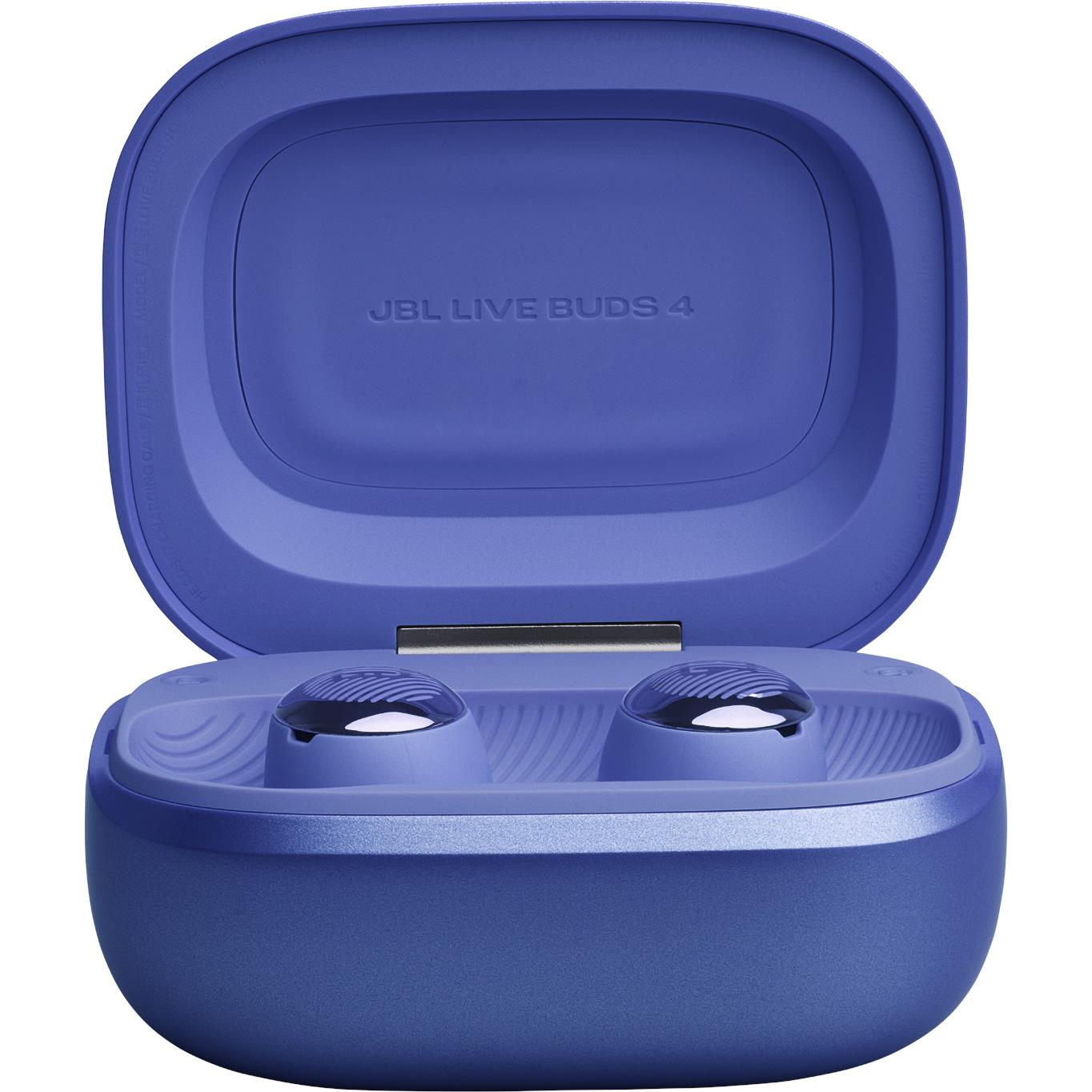 Blue JBL charging case open with earbuds resting inside