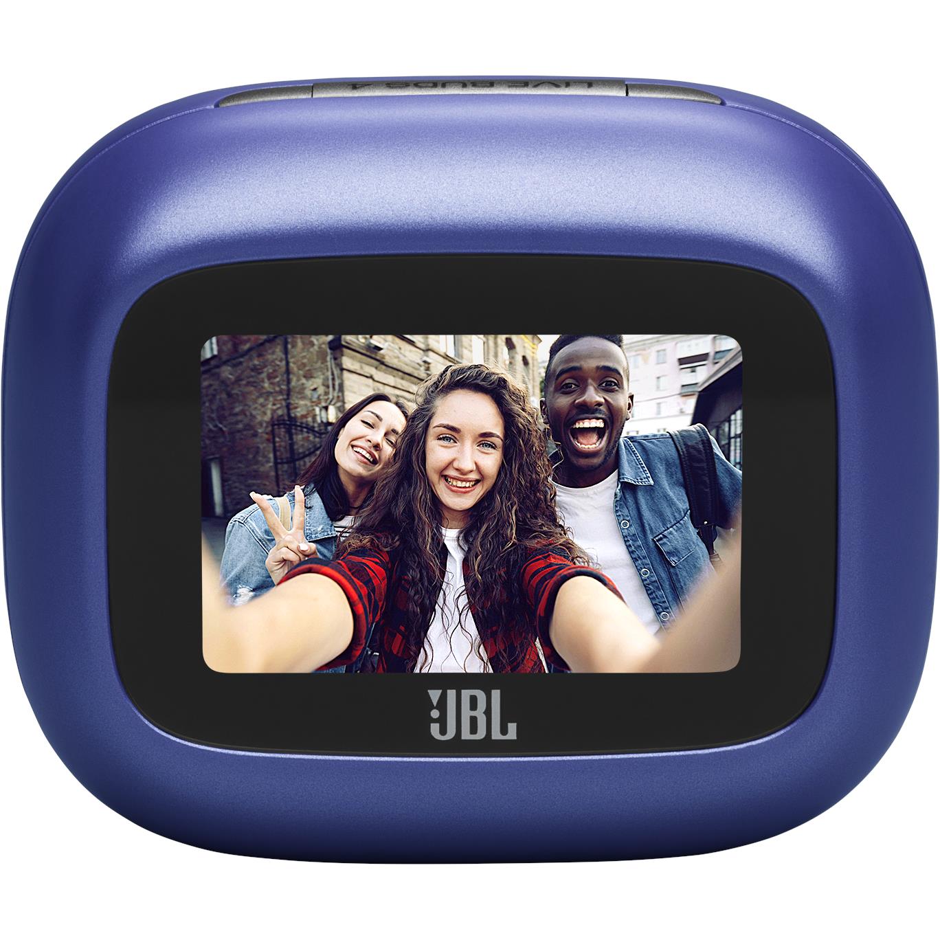 Blue earbuds charging case with built-in display window and JBL logo