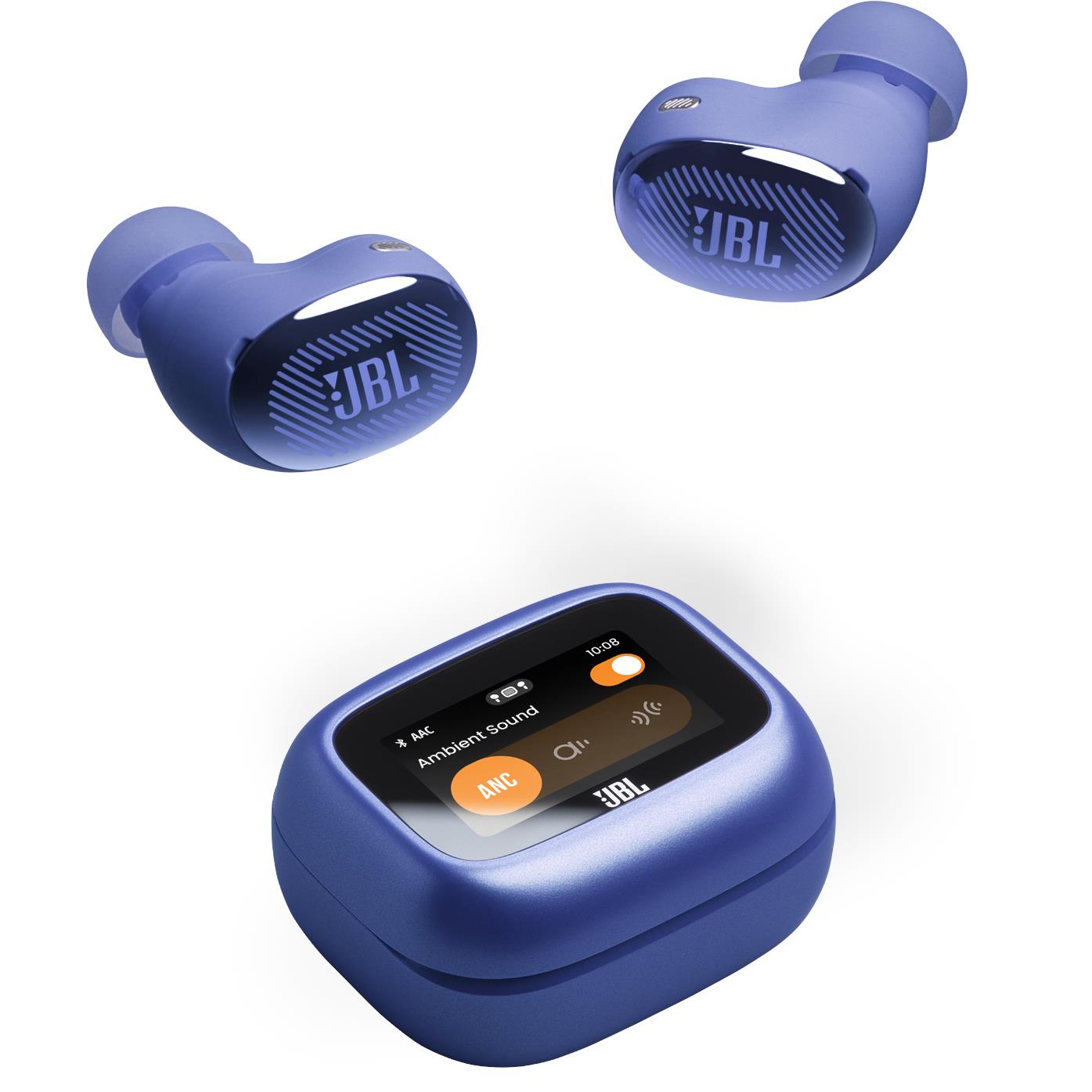 Blue wireless earbuds with charging case showing on-screen controls