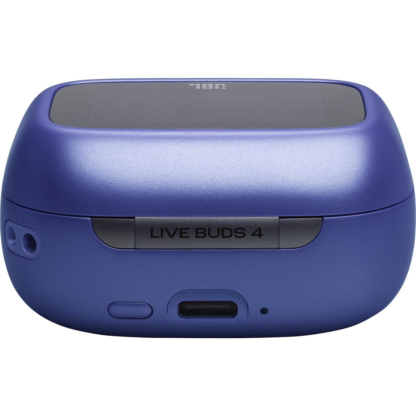 Blue JBL charging case front panel with ports and LIVE BUDS 4 marking