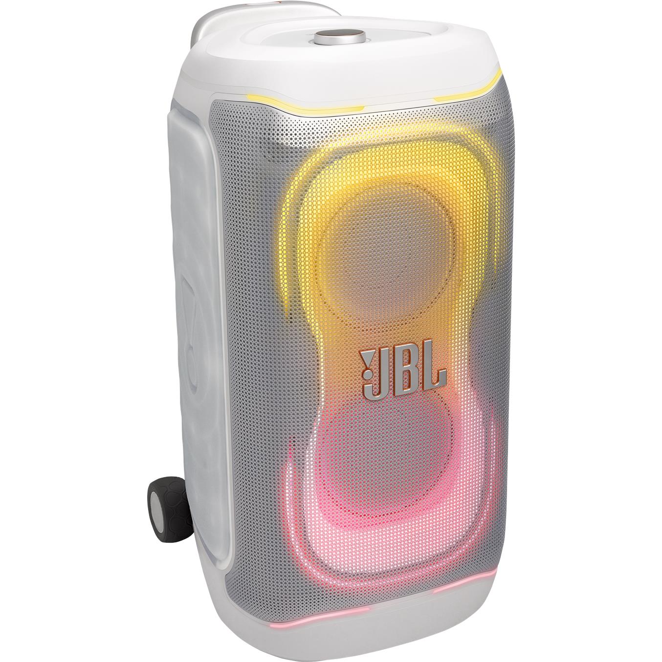 White portable party speaker with JBL logo and glowing yellow, red LED light rings