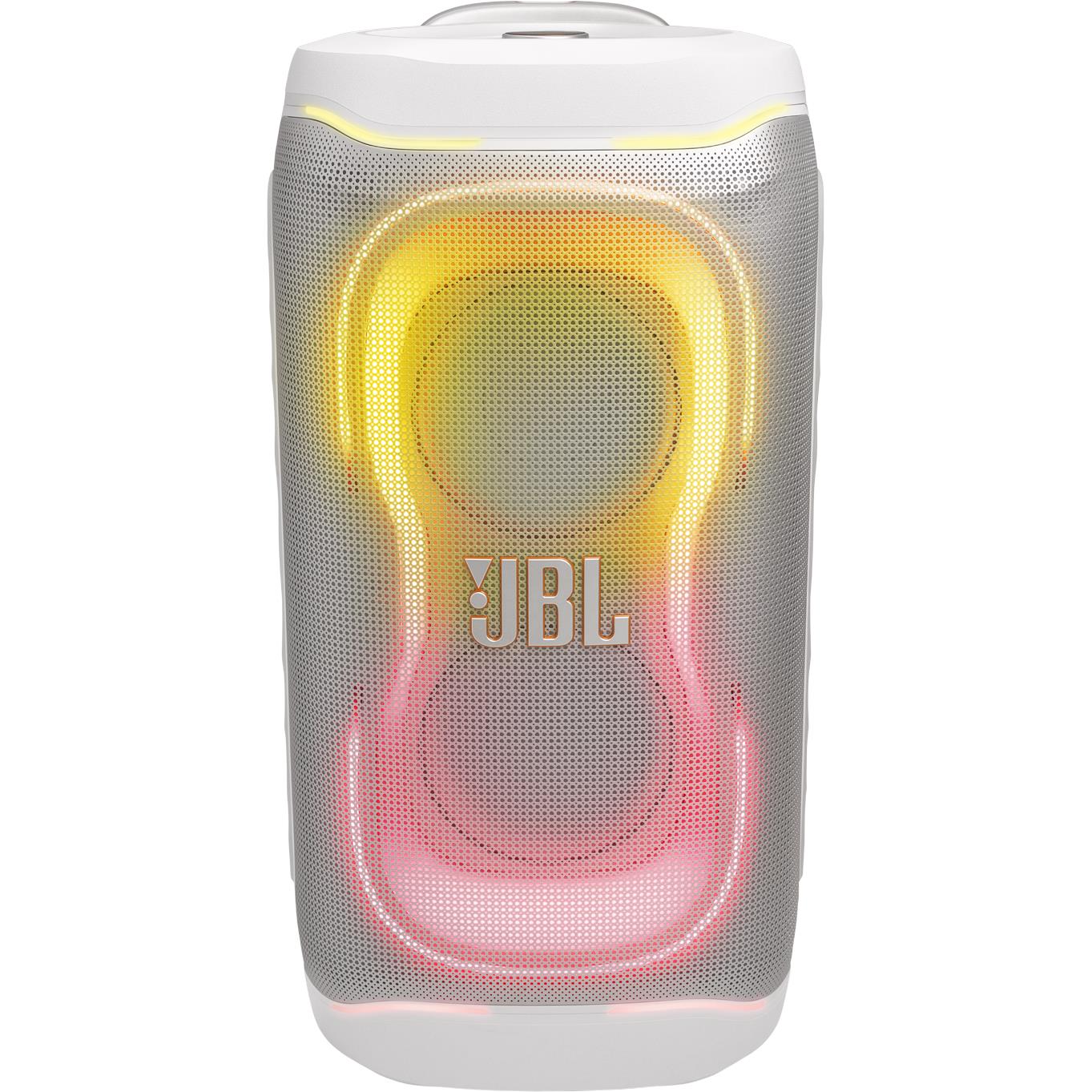 White portable party speaker front grille with JBL logo and bright yellow and red LEDs